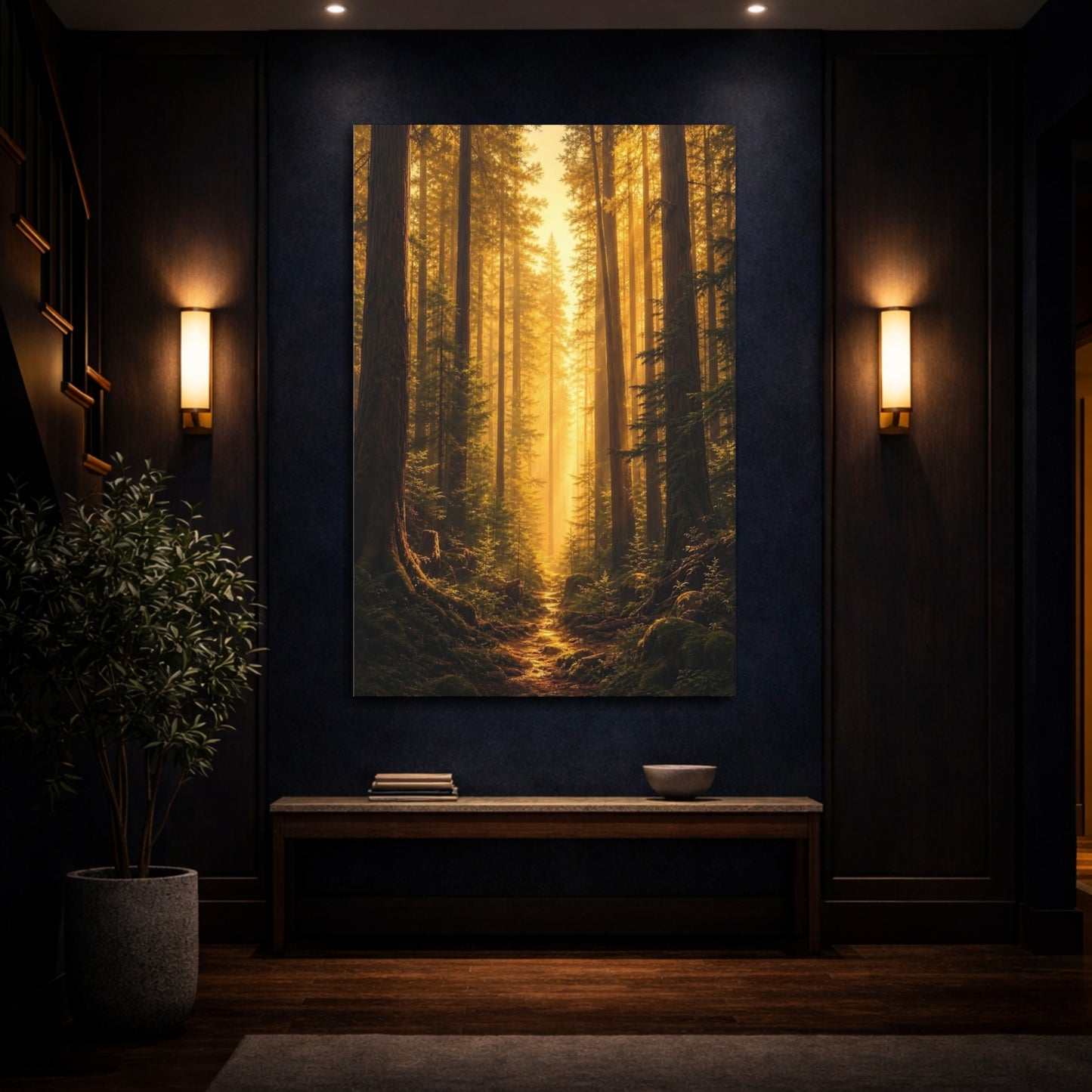 Mockup 4. Nature Forest Path Golden Forest shown as stretched canvas wall art