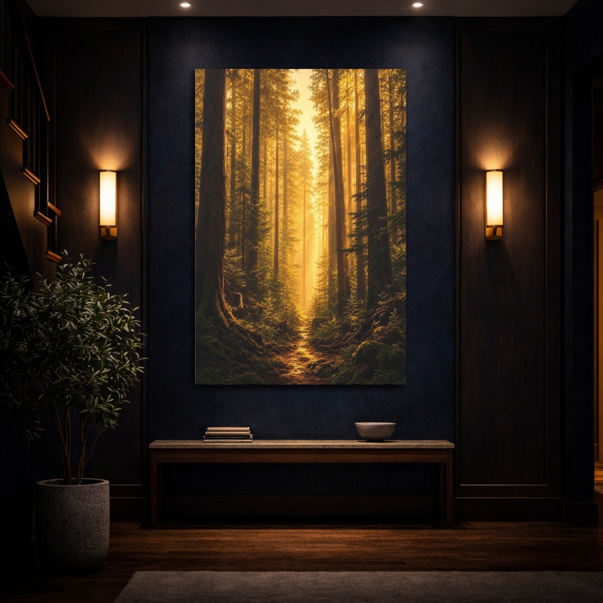 Mockup 4. Nature Forest Path Golden Forest shown as stretched canvas wall art