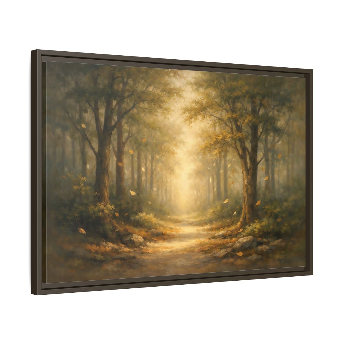 Side Mockup 11. Nature Forest Path Golden Forest Path shown as stretched canvas wall art