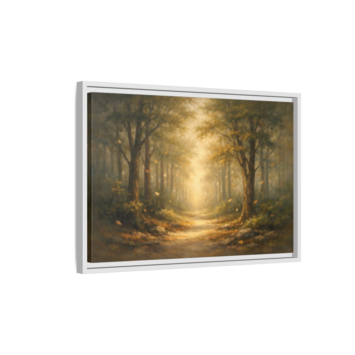 Side Mockup 1. Nature Forest Path Golden Forest Path shown as stretched canvas wall art