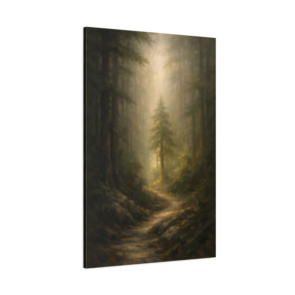 Main Mockup. Nature Forest Path Green And Gold shown as stretched canvas wall art