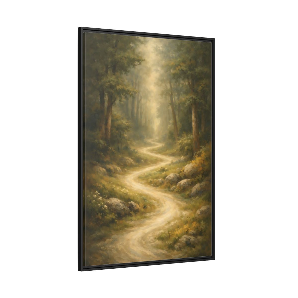 Main Mockup. Nature Forest Path Green And Gold shown as stretched canvas wall art