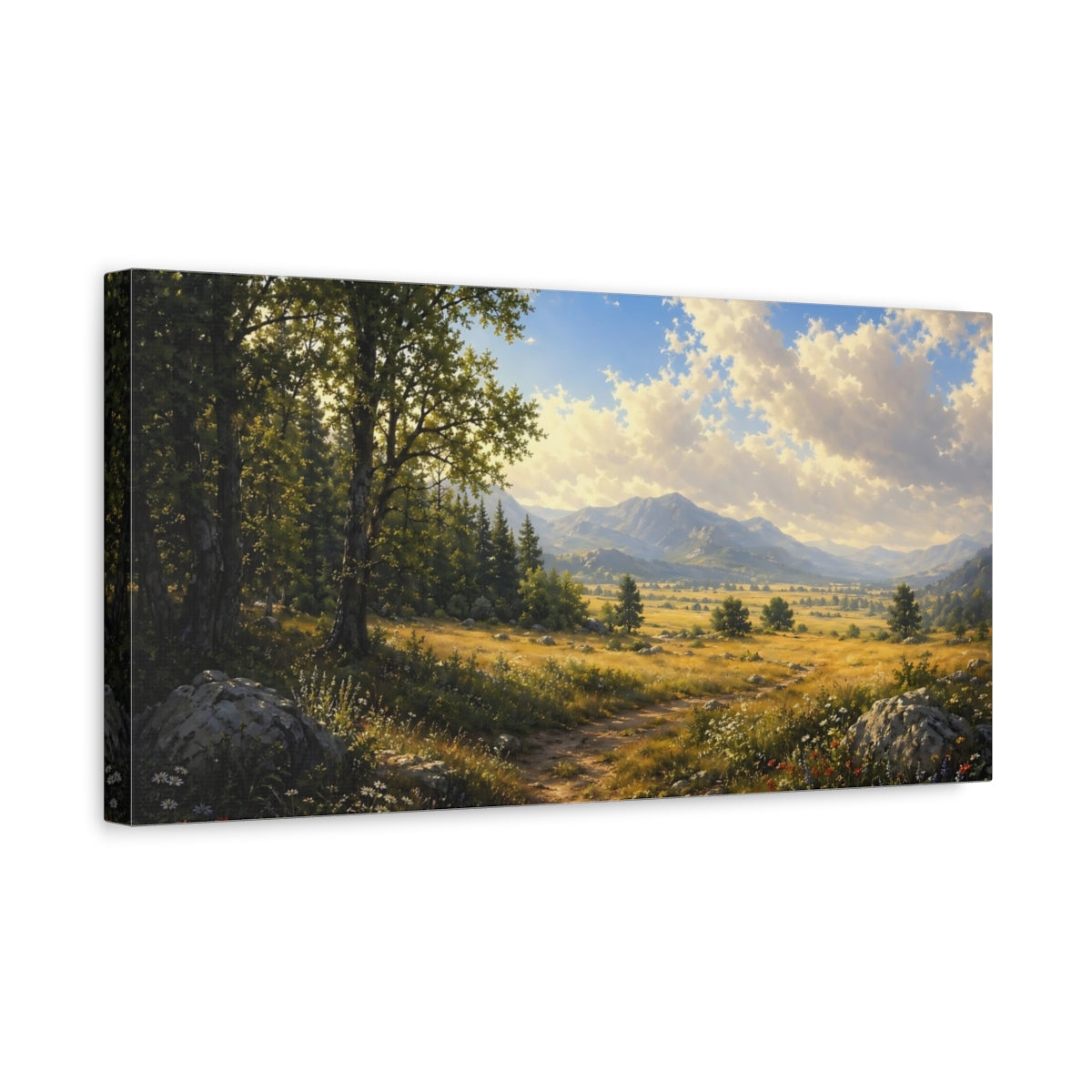 Side Mockup 3. Nature Forest Path Green And Gold shown as stretched canvas wall art