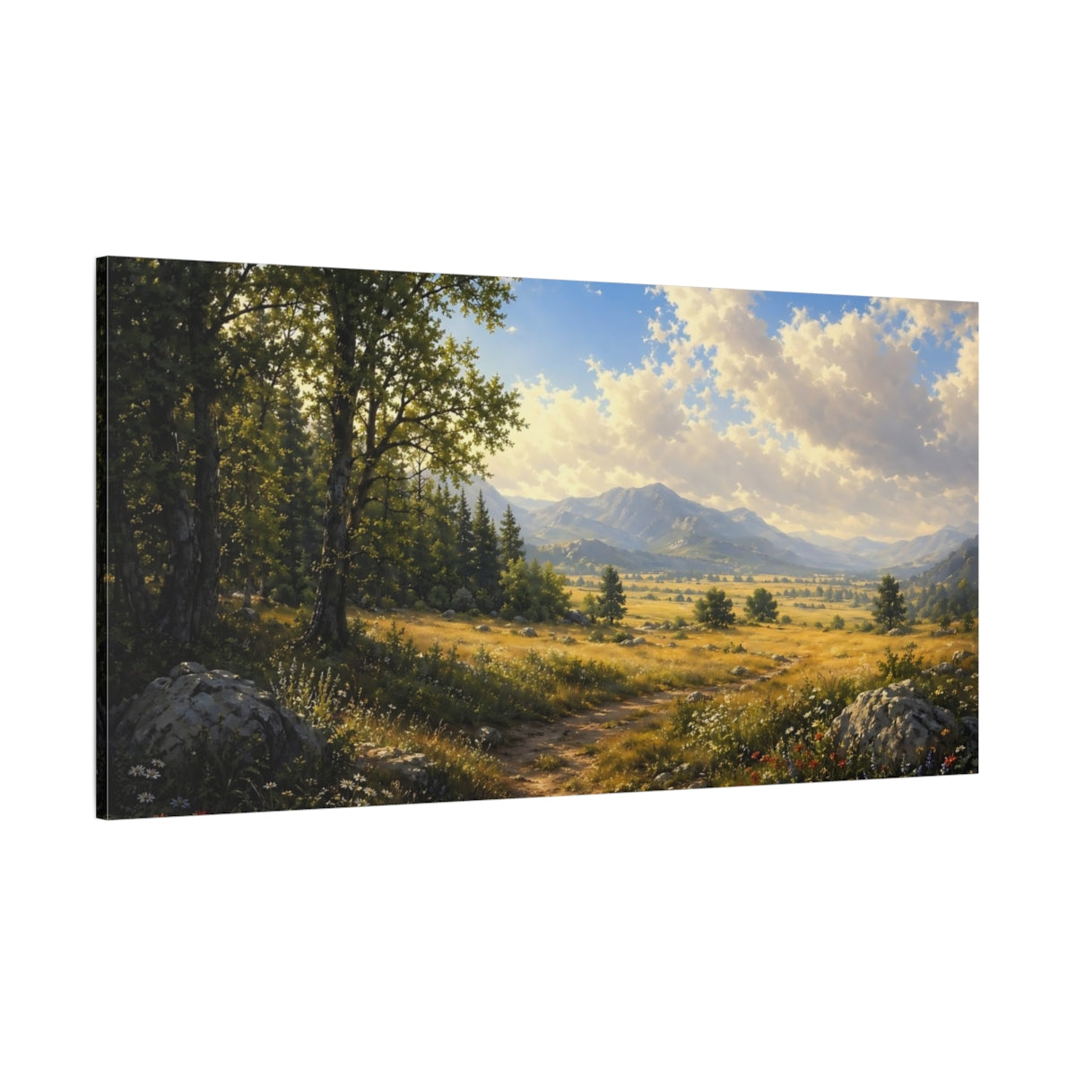 Side Mockup 2. Nature Forest Path Green And Gold shown as stretched canvas wall art