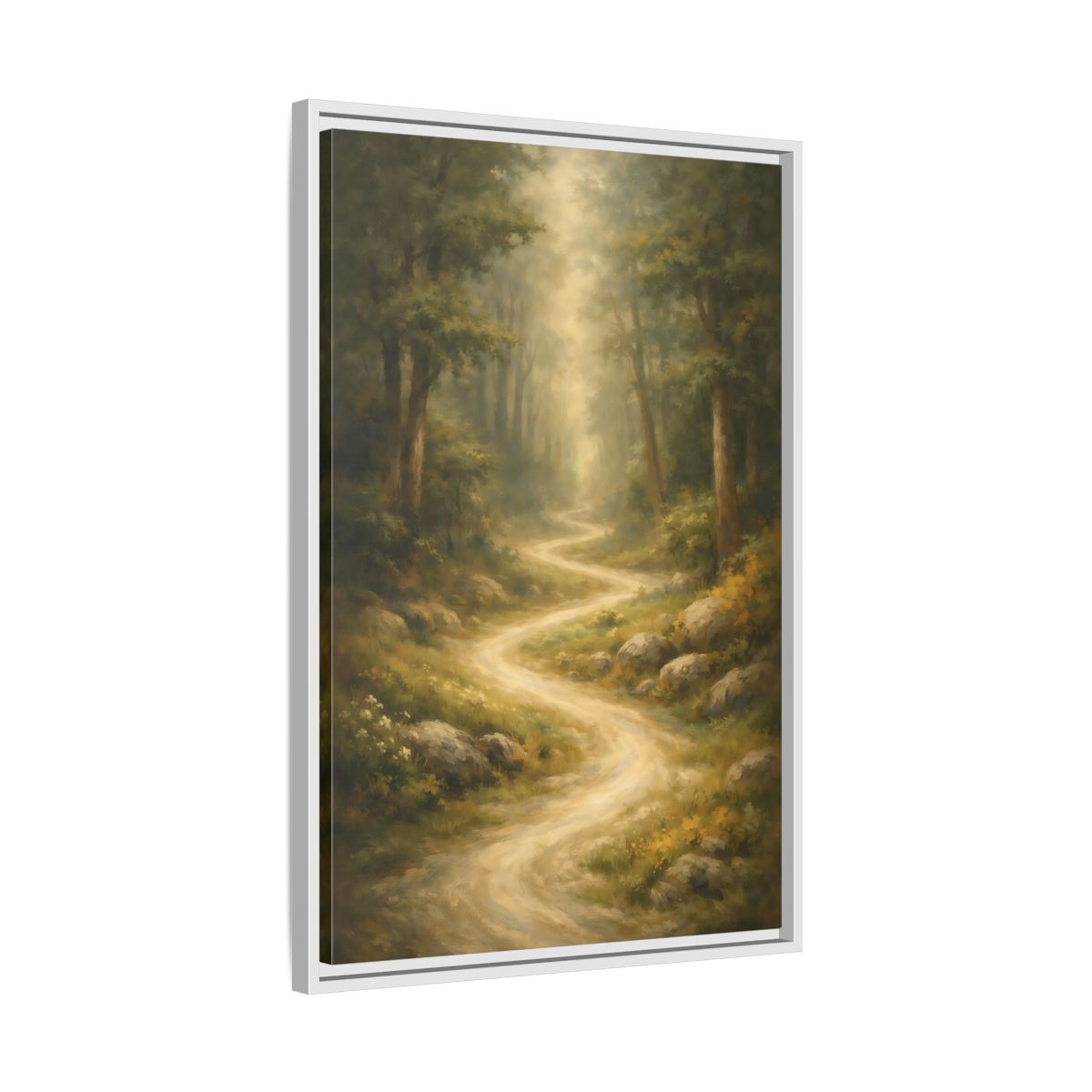 Side Mockup 11. Nature Forest Path Green And Gold shown as stretched canvas wall art