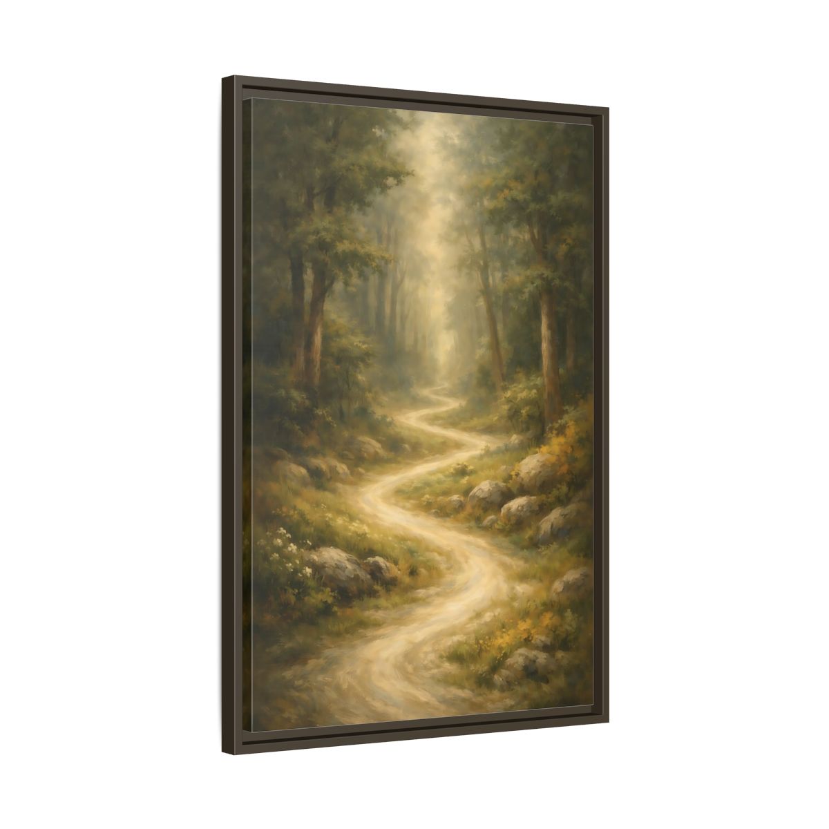 Side Mockup 12. Nature Forest Path Green And Gold shown as stretched canvas wall art
