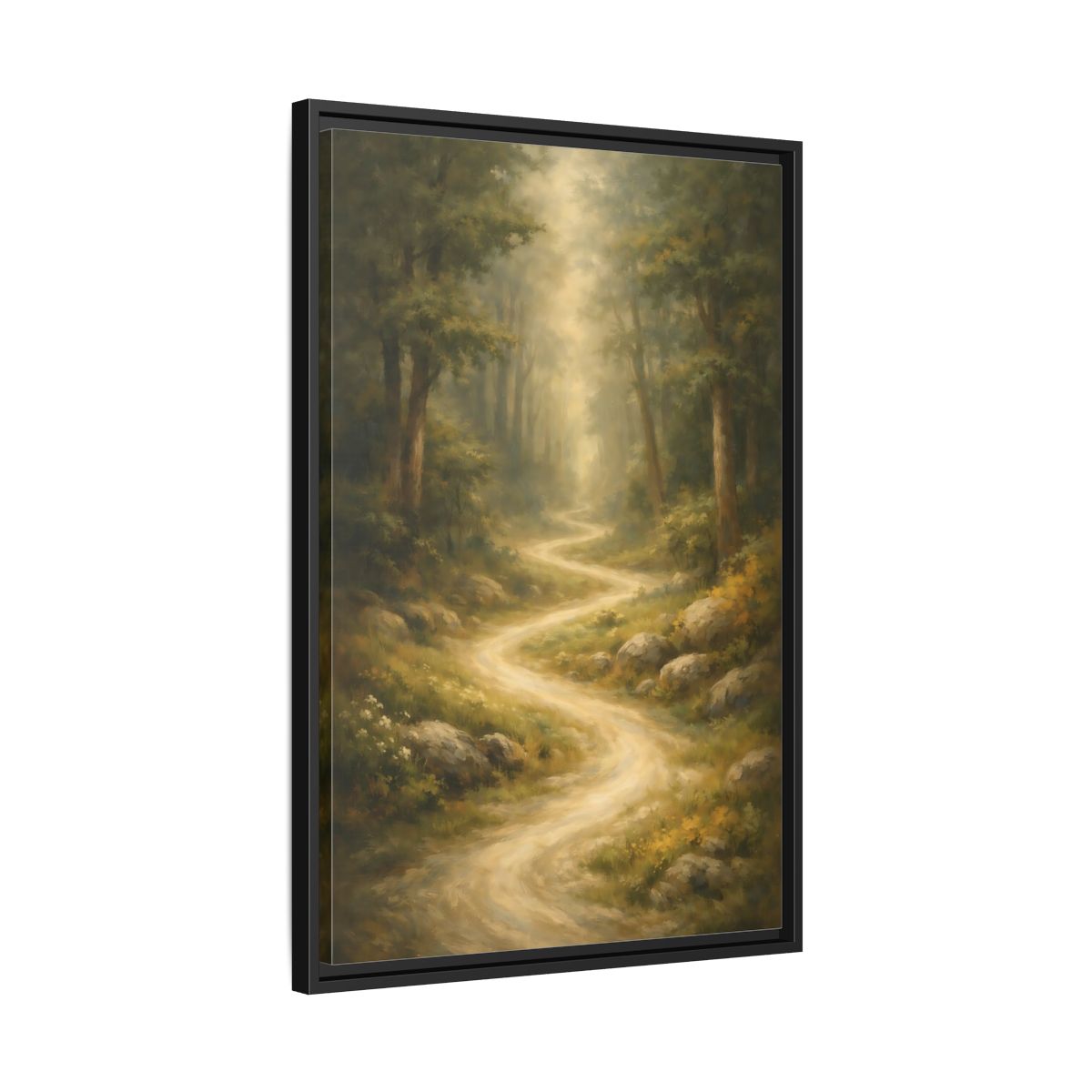 Side Mockup 14. Nature Forest Path Green And Gold shown as stretched canvas wall art