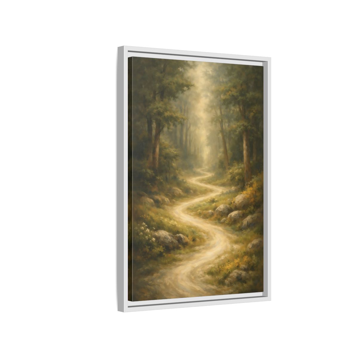 Side Mockup 1. Nature Forest Path Green And Gold shown as stretched canvas wall art