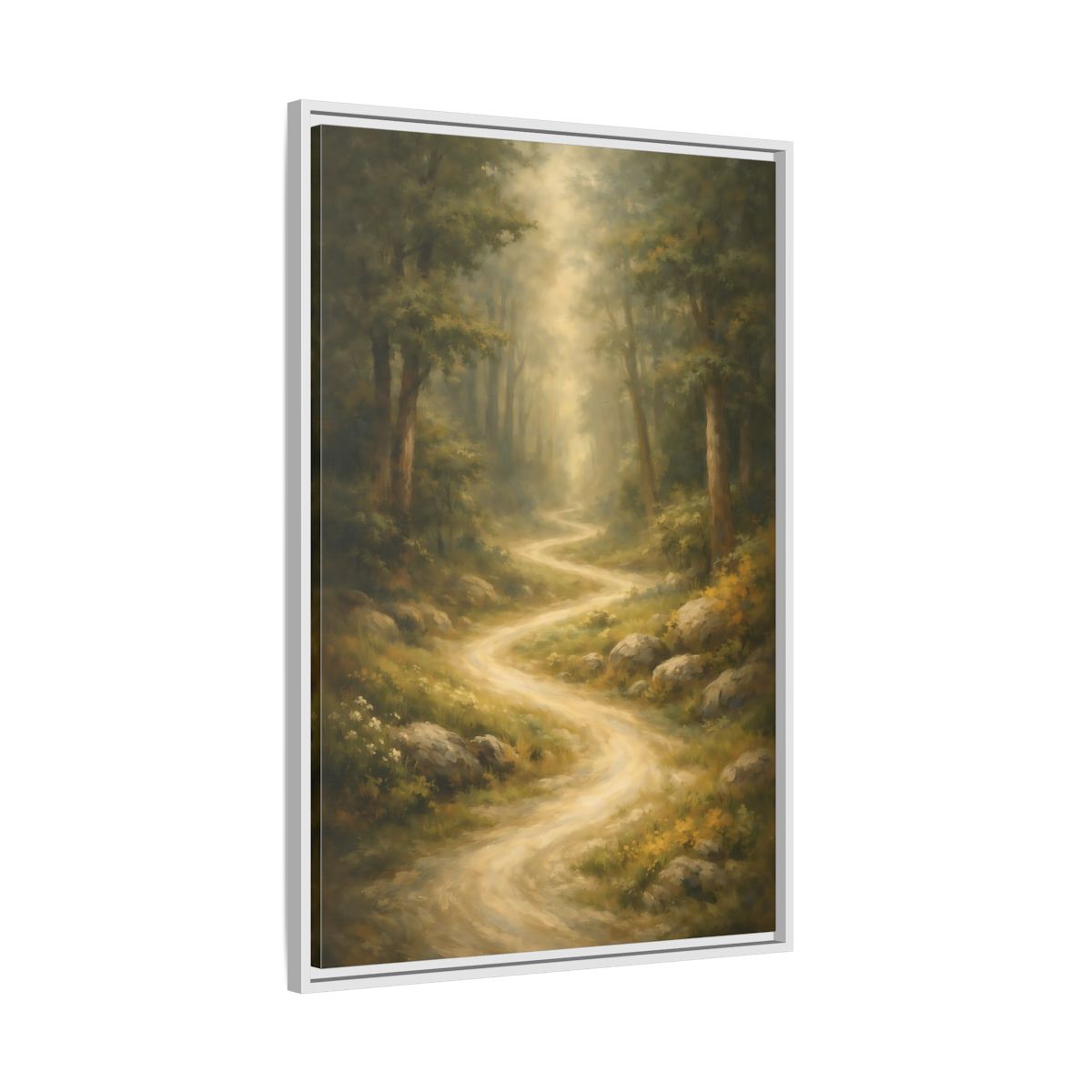 Side Mockup 9. Nature Forest Path Green And Gold shown as stretched canvas wall art