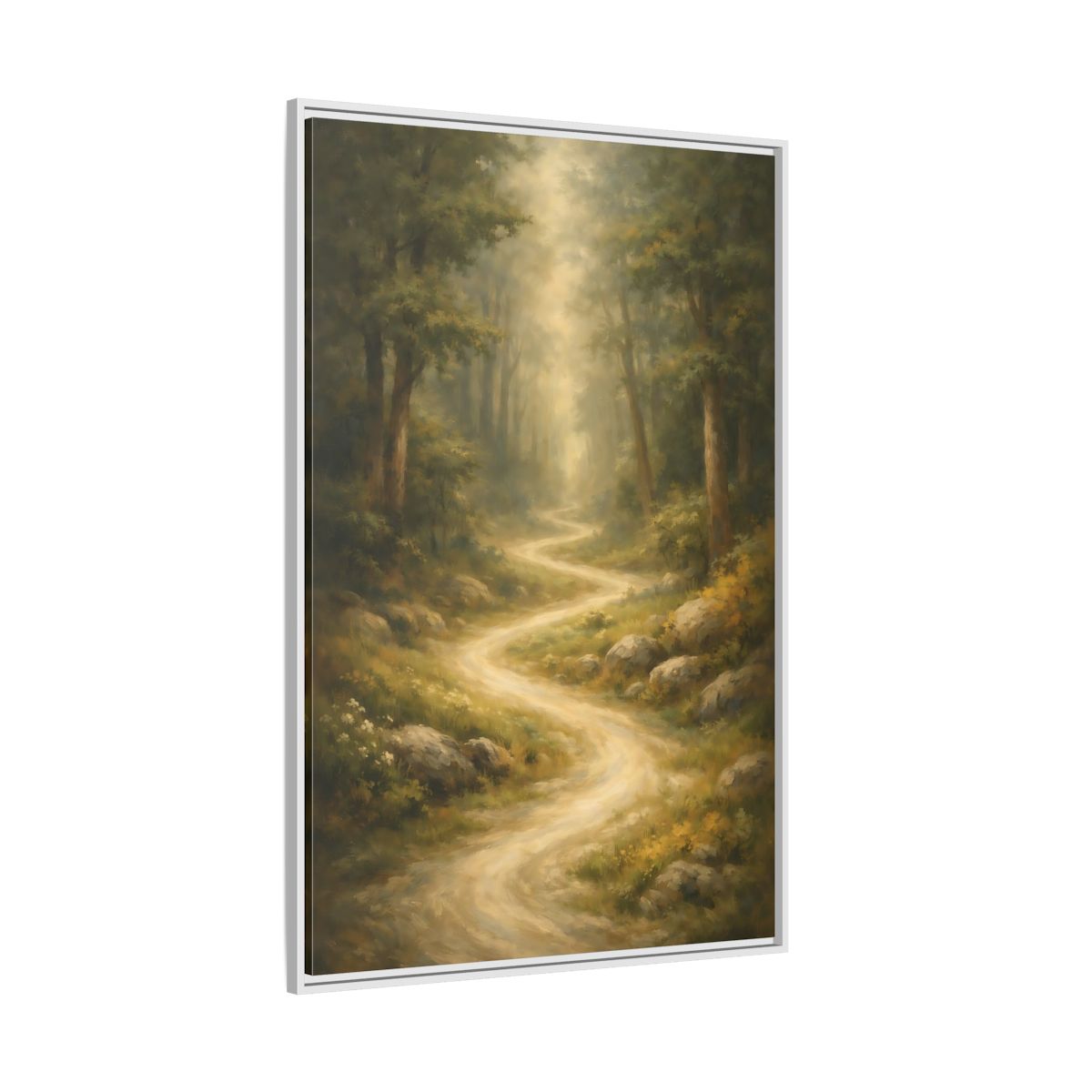 Side Mockup 7. Nature Forest Path Green And Gold shown as stretched canvas wall art