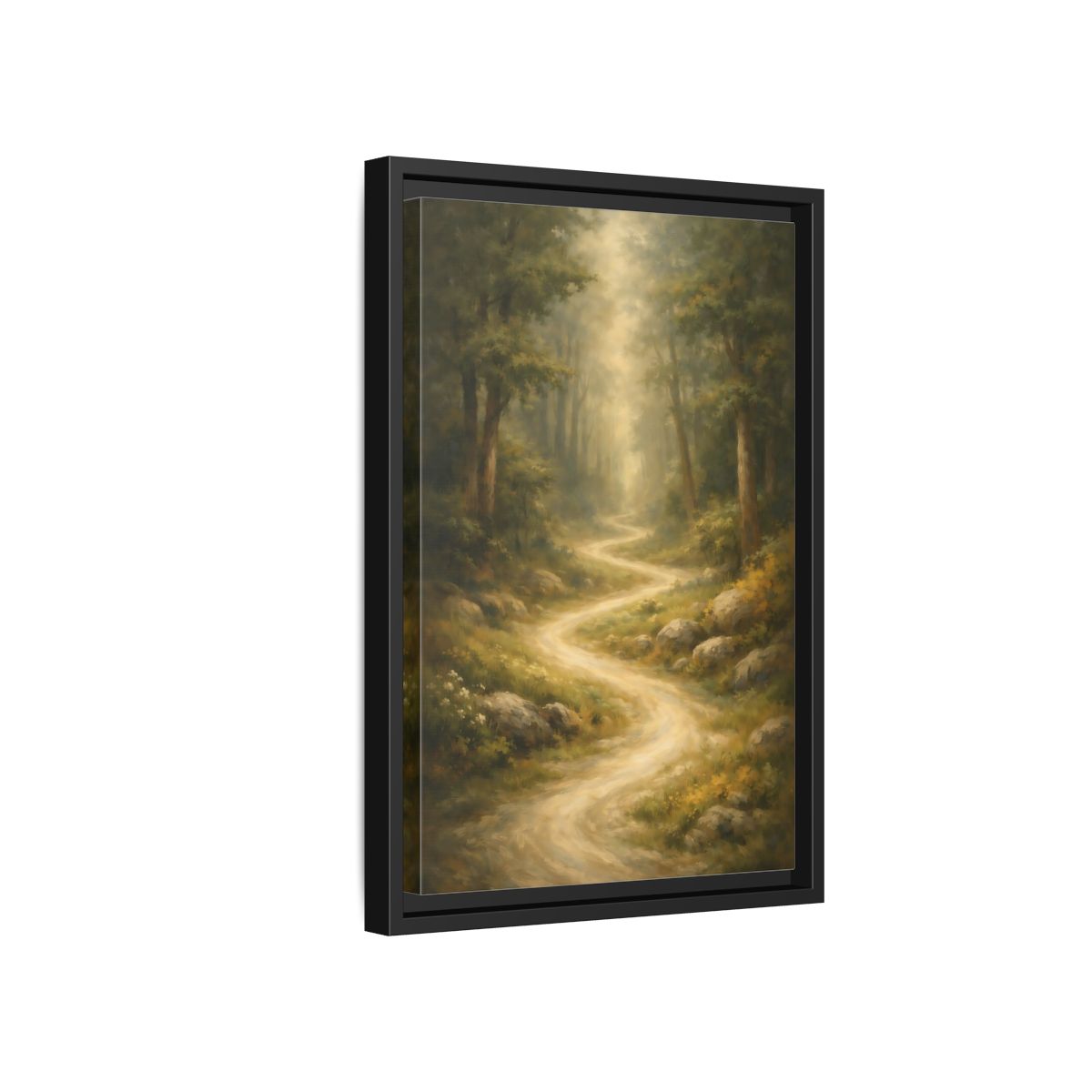 Side Mockup 6. Nature Forest Path Green And Gold shown as stretched canvas wall art
