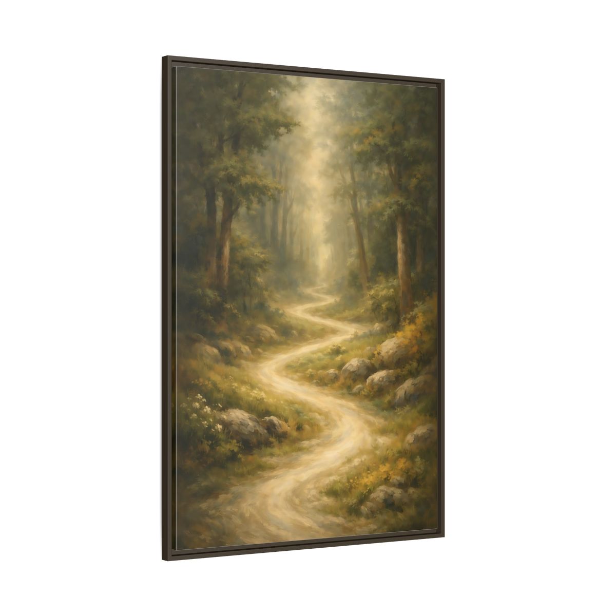 Side Mockup 8. Nature Forest Path Green And Gold shown as stretched canvas wall art