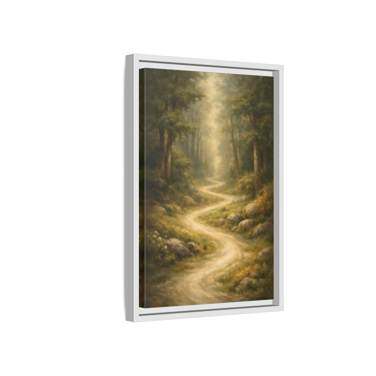 Side Mockup 4. Nature Forest Path Green And Gold shown as stretched canvas wall art