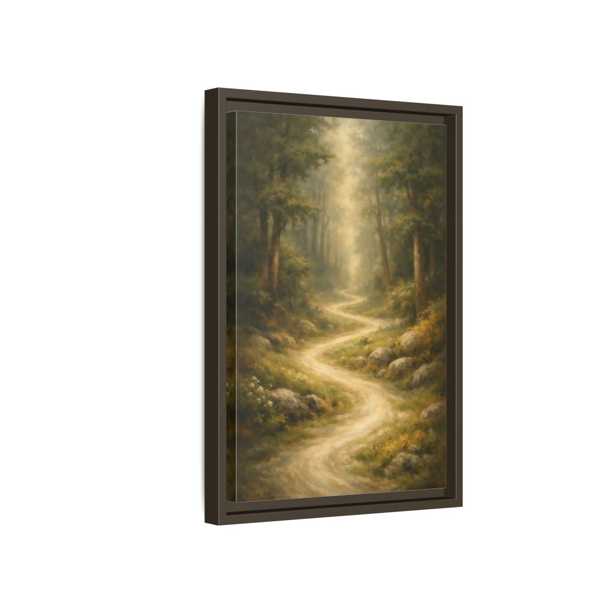 Side Mockup 5. Nature Forest Path Green And Gold shown as stretched canvas wall art