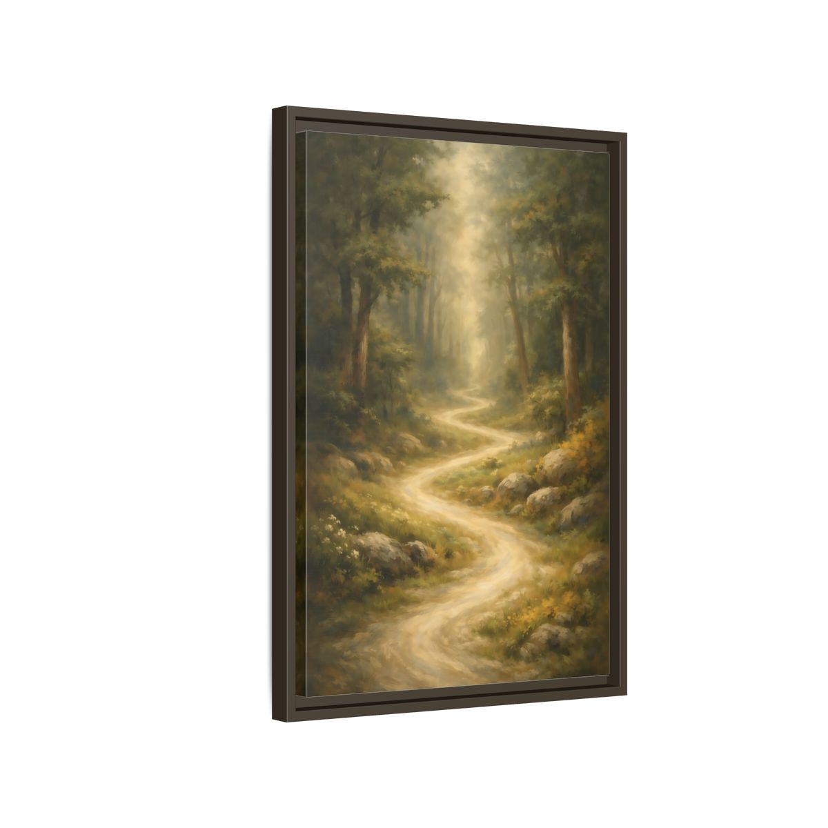 Side Mockup 2. Nature Forest Path Green And Gold shown as stretched canvas wall art
