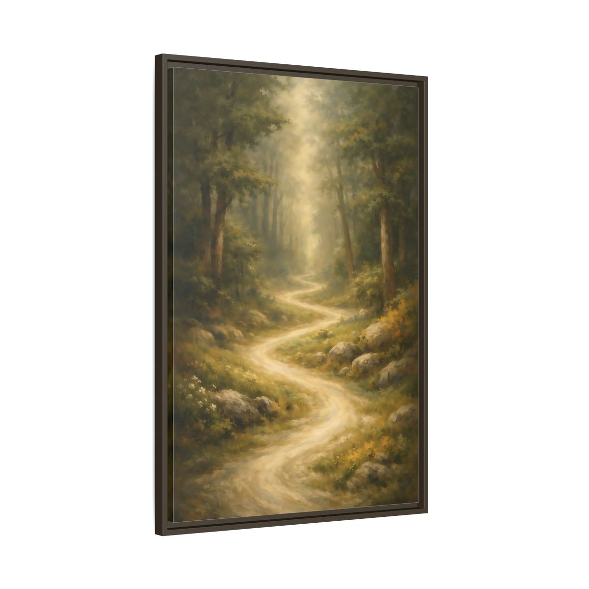Side Mockup 10. Nature Forest Path Green And Gold shown as stretched canvas wall art