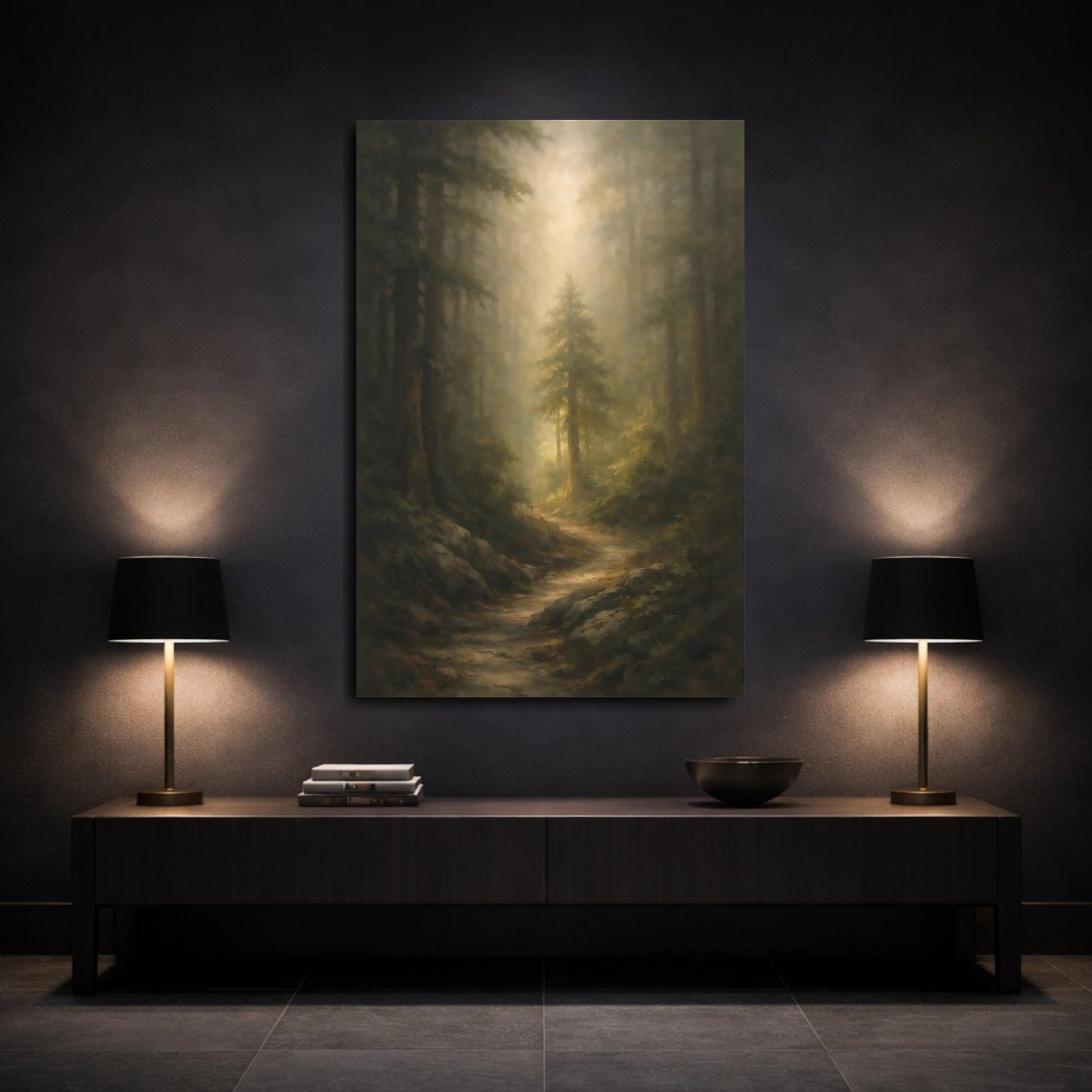 Mockup 2. Nature Forest Path Green And Gold shown as stretched canvas wall art
