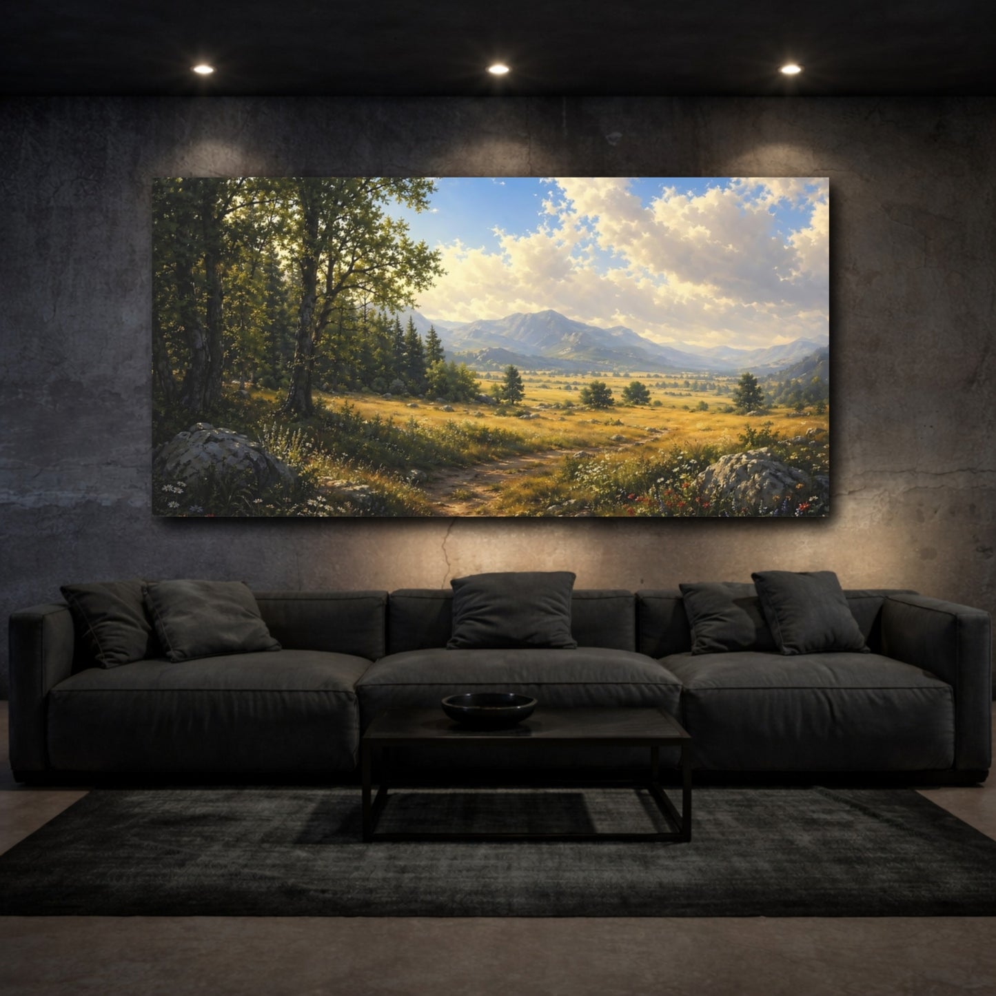 Mockup 2. Nature Forest Path Green And Gold shown as stretched canvas wall art
