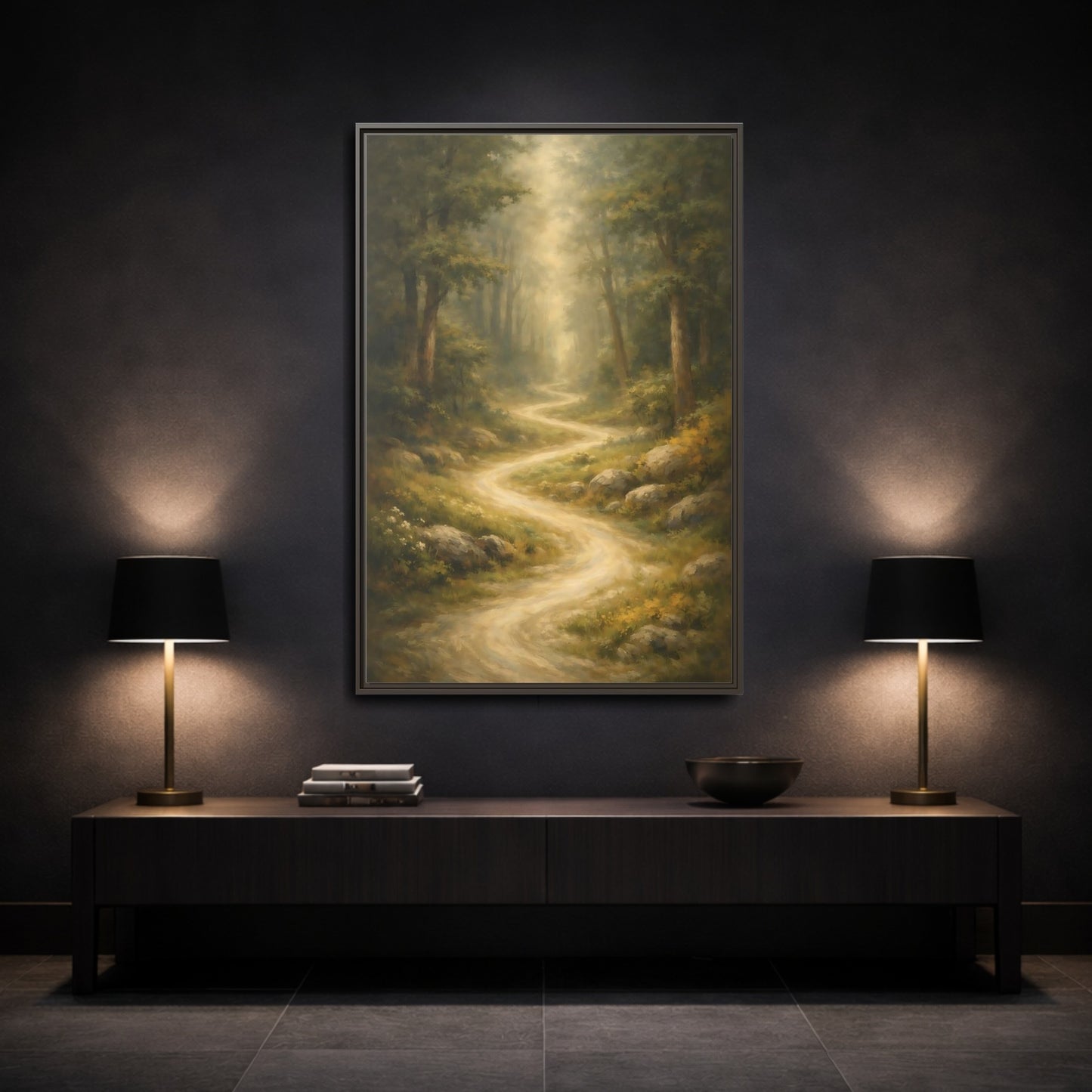 Mockup 2. Nature Forest Path Green And Gold shown as stretched canvas wall art