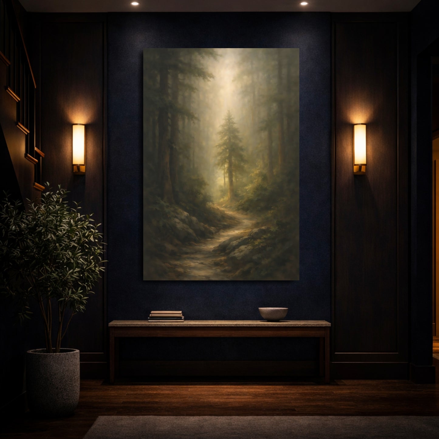 Mockup 3. Nature Forest Path Green And Gold shown as stretched canvas wall art