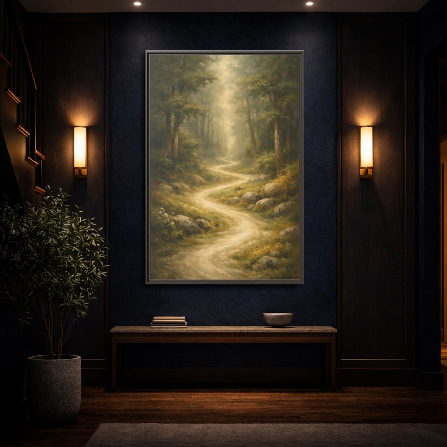 Mockup 3. Nature Forest Path Green And Gold shown as stretched canvas wall art
