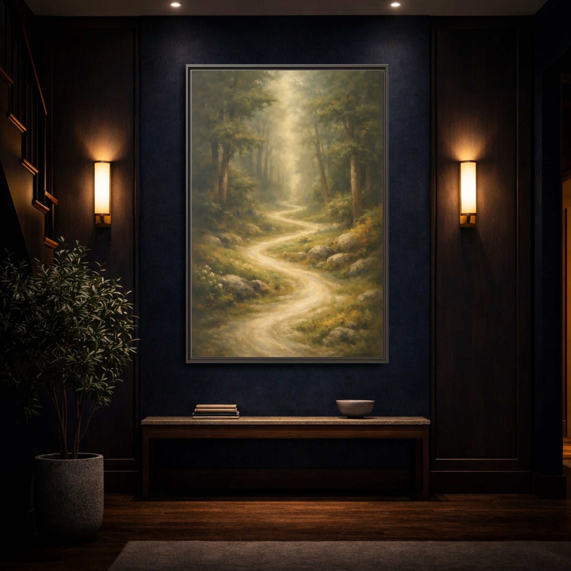 Mockup 3. Nature Forest Path Green And Gold shown as stretched canvas wall art