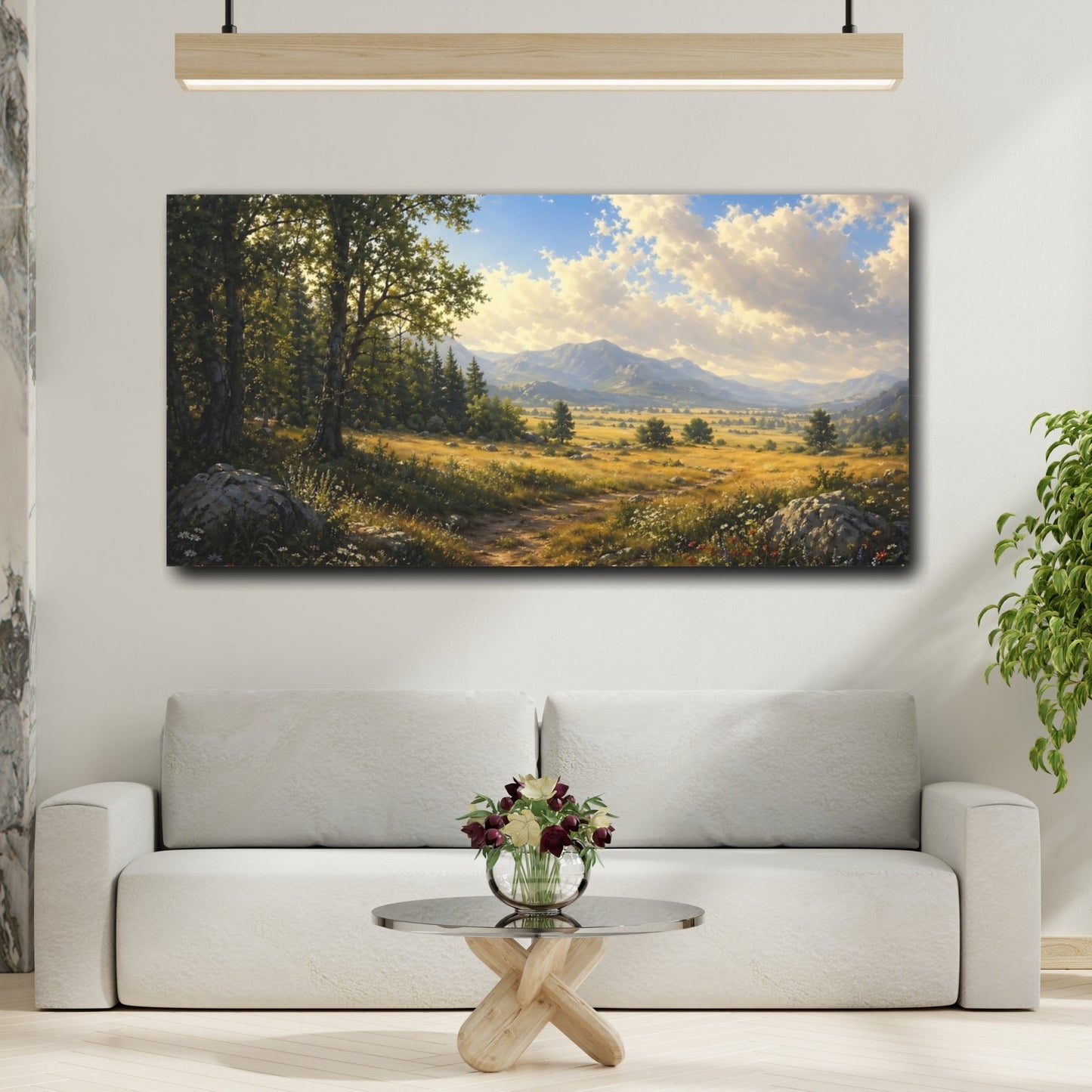 Mockup 3. Nature Forest Path Green And Gold shown as stretched canvas wall art