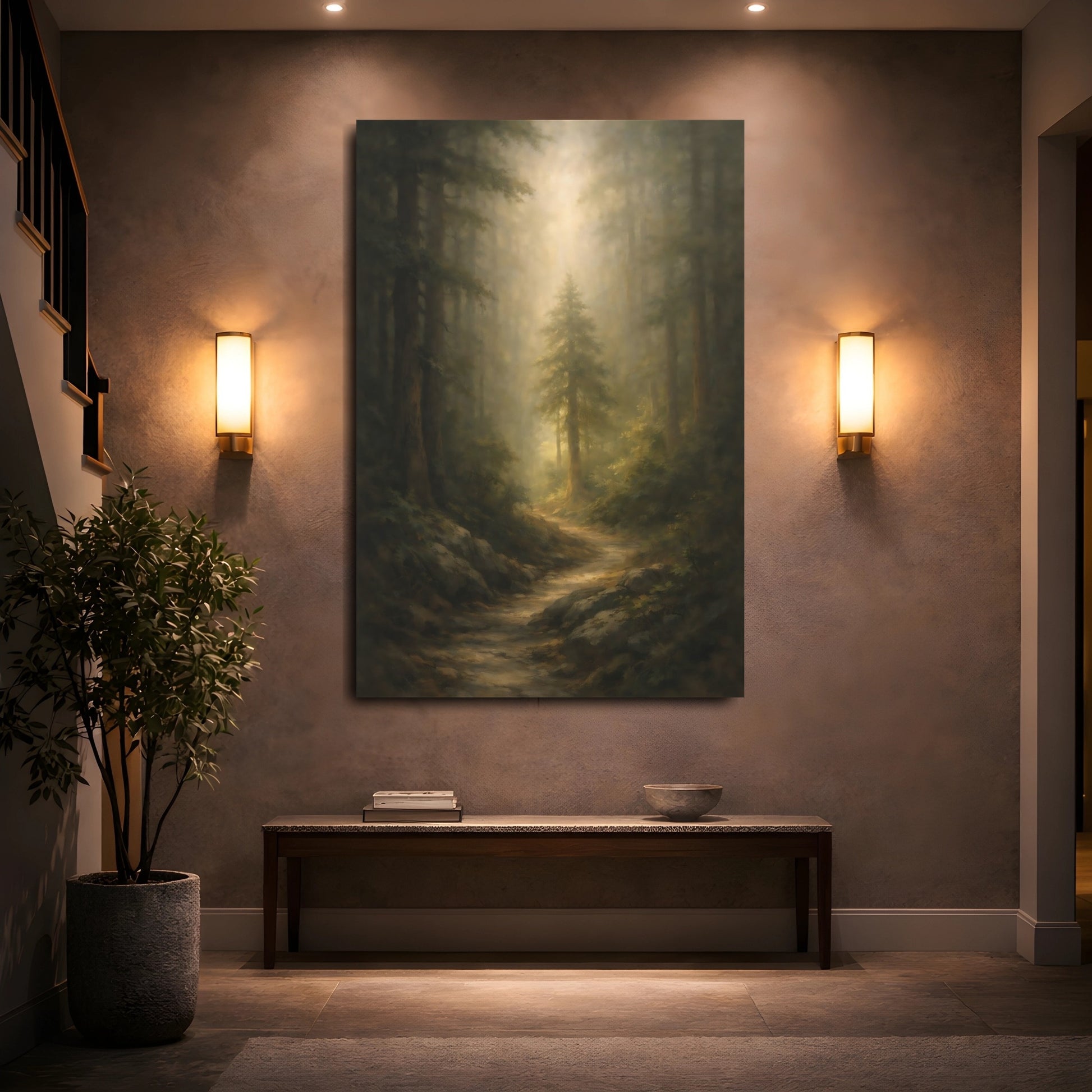 Mockup 4. Nature Forest Path Green And Gold shown as stretched canvas wall art