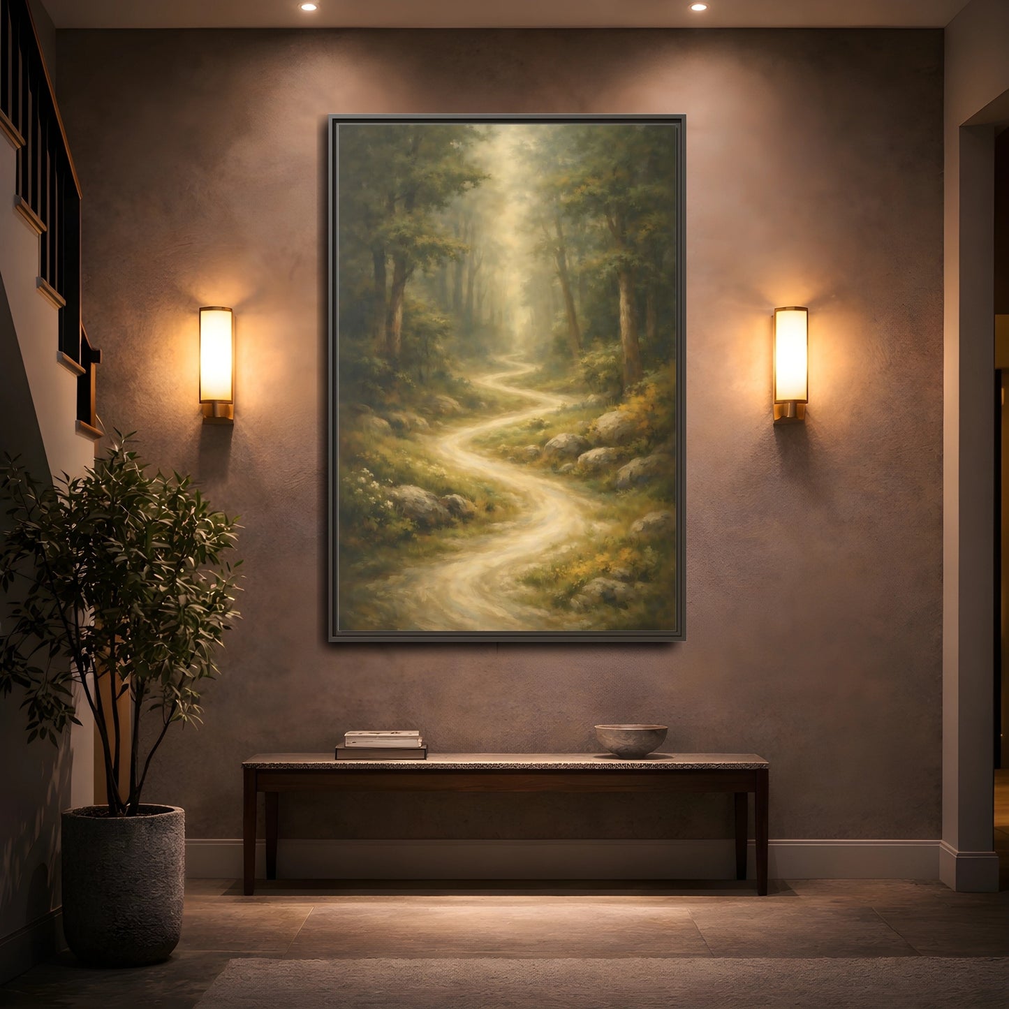 Mockup 4. Nature Forest Path Green And Gold shown as stretched canvas wall art
