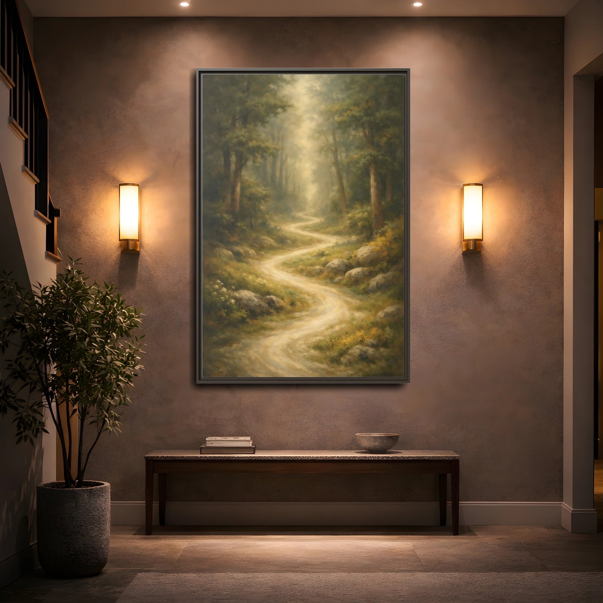 Mockup 4. Nature Forest Path Green And Gold shown as stretched canvas wall art