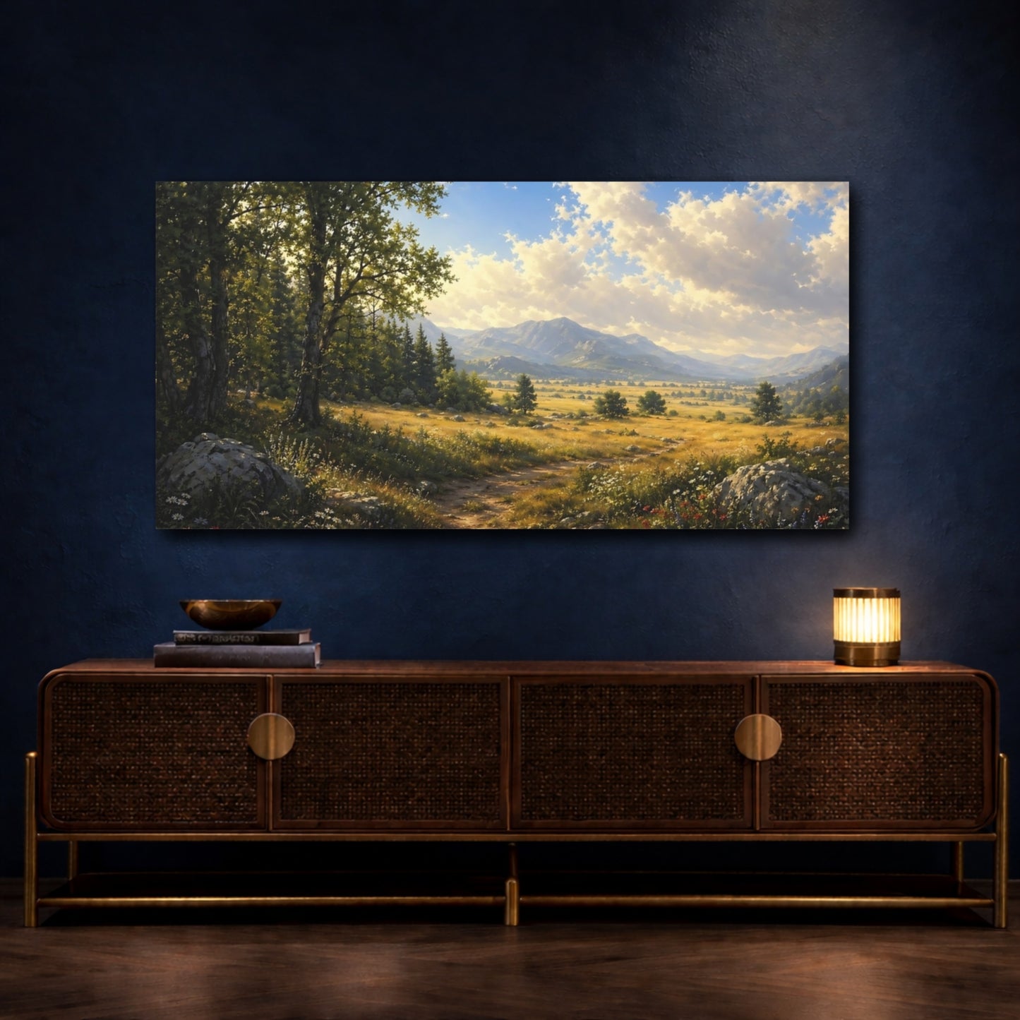 Mockup 4. Nature Forest Path Green And Gold shown as stretched canvas wall art