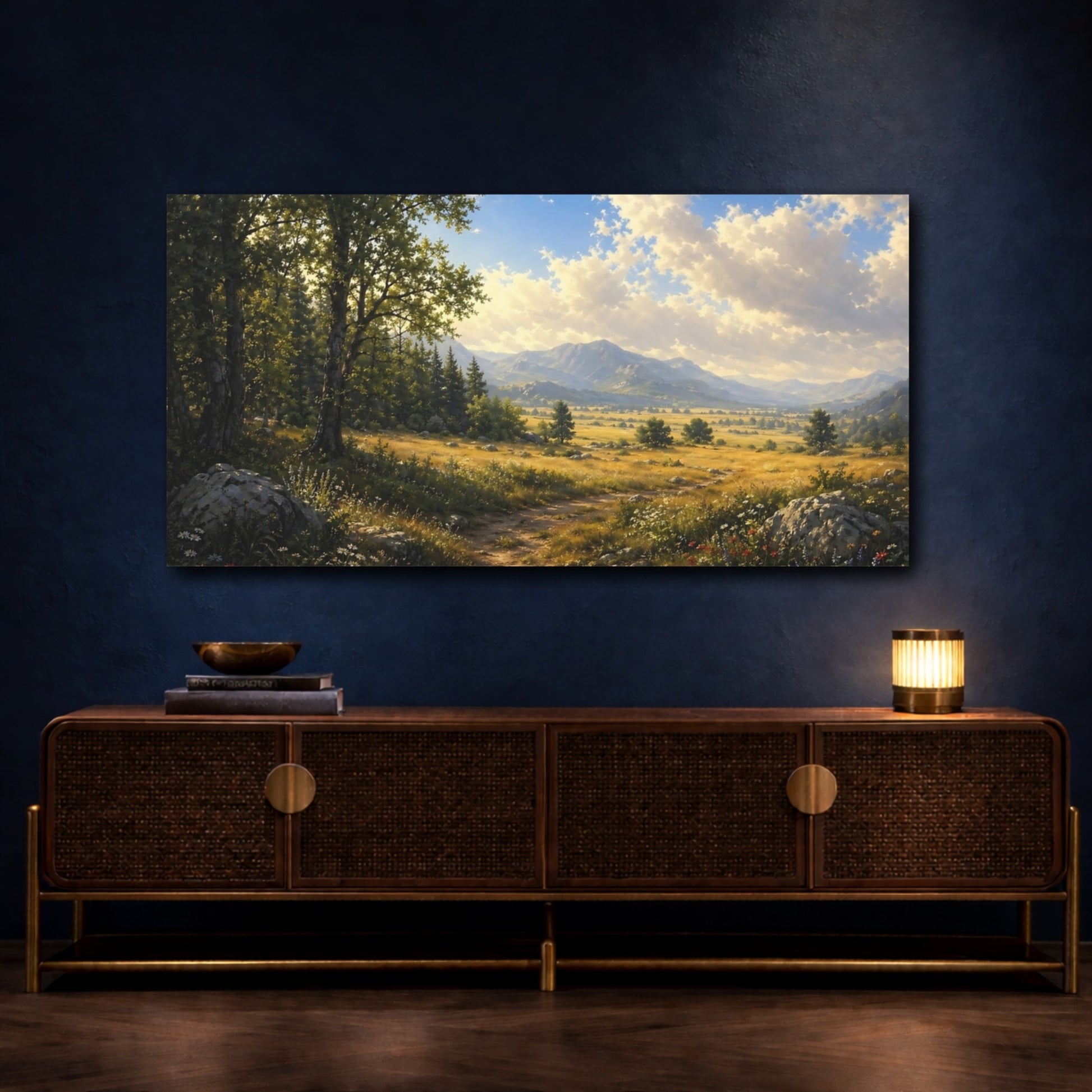 Mockup 4. Nature Forest Path Green And Gold shown as stretched canvas wall art