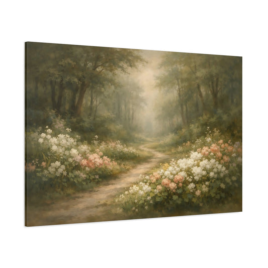 Main Mockup. Nature Forest Path Green And Pink Woodland shown as stretched canvas wall art