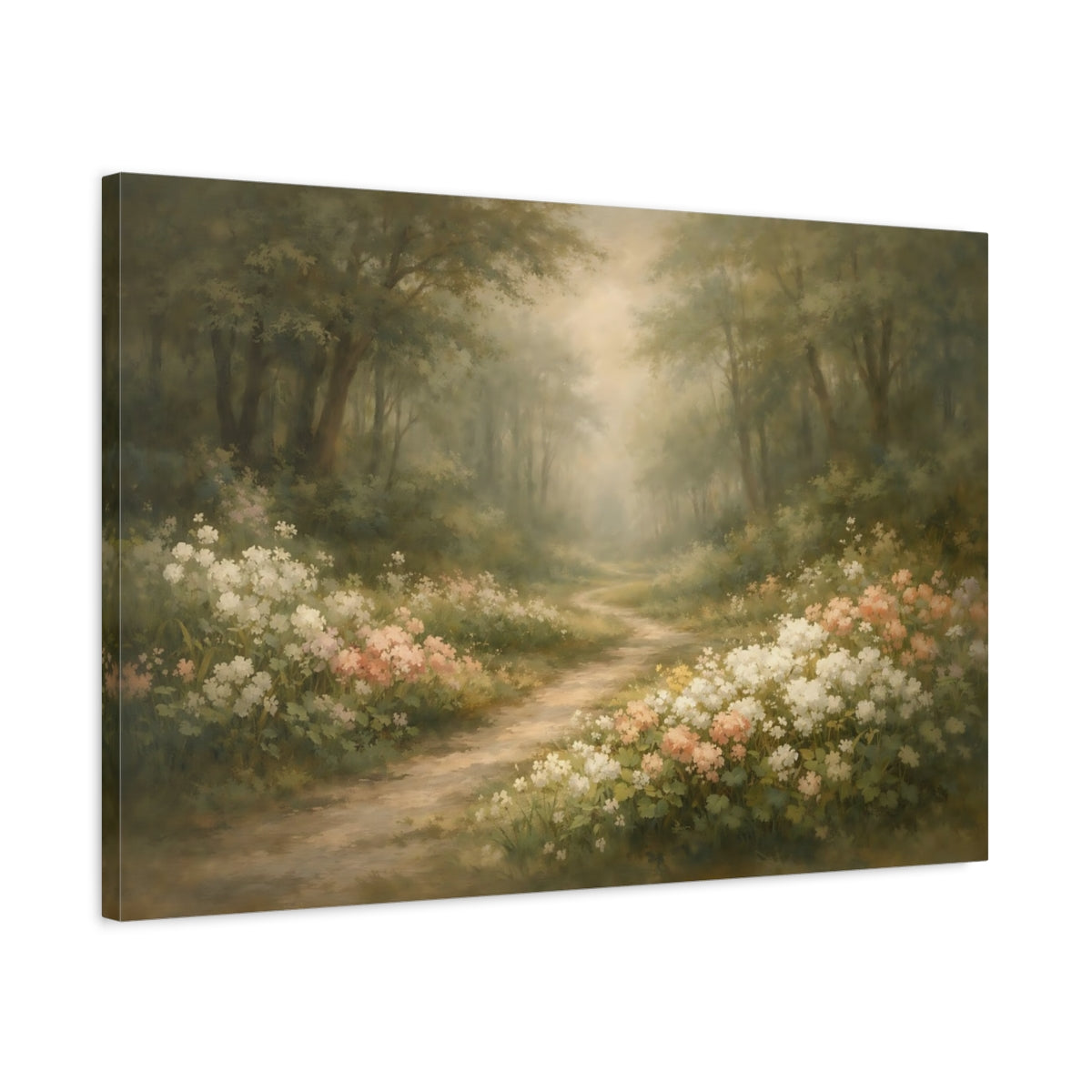 Side Mockup 2. Nature Forest Path Green And Pink Woodland shown as stretched canvas wall art