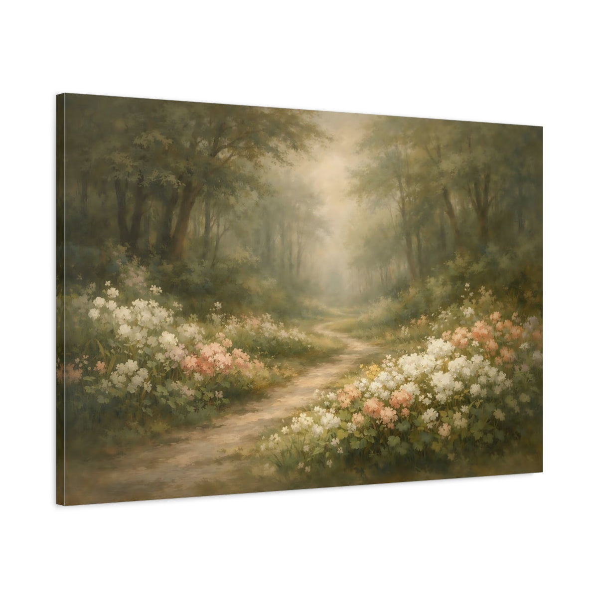 Side Mockup 1. Nature Forest Path Green And Pink Woodland shown as stretched canvas wall art