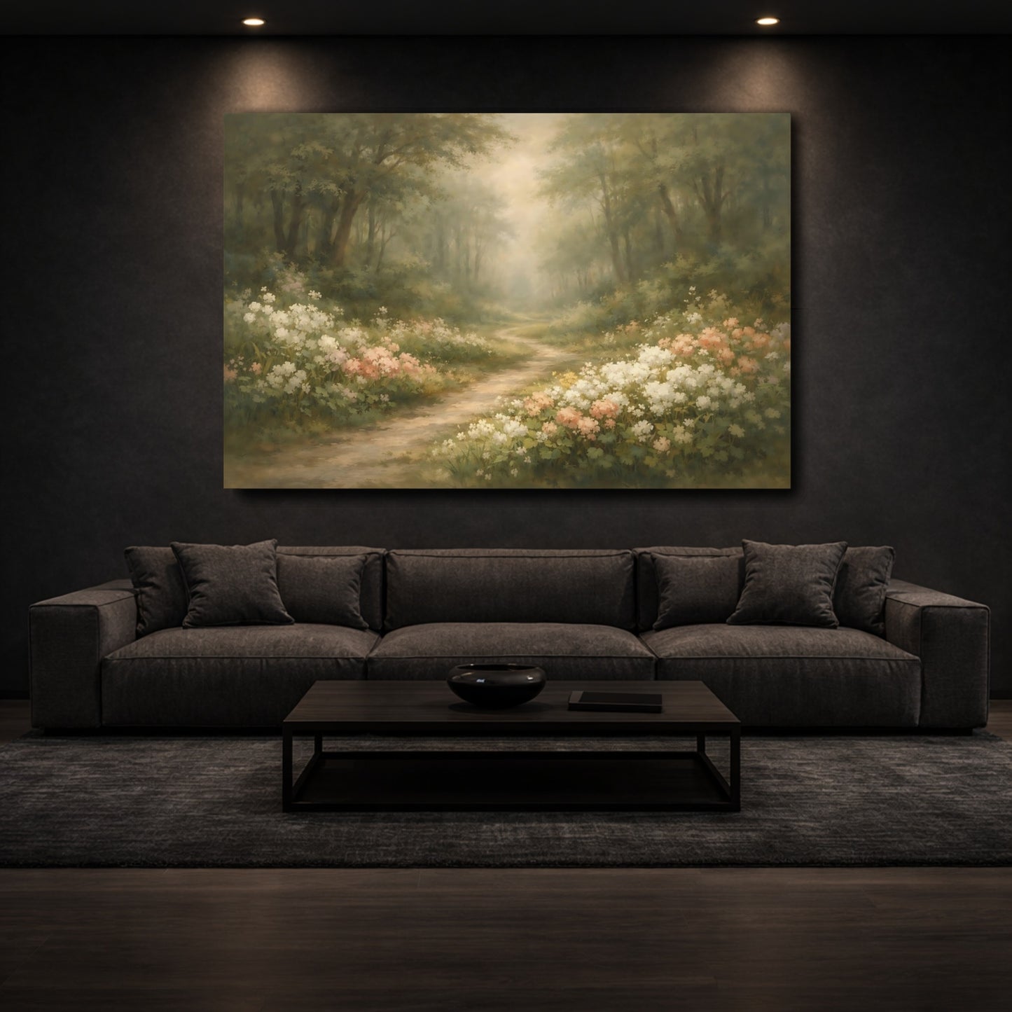 Mockup 2. Nature Forest Path Green And Pink Woodland shown as stretched canvas wall art