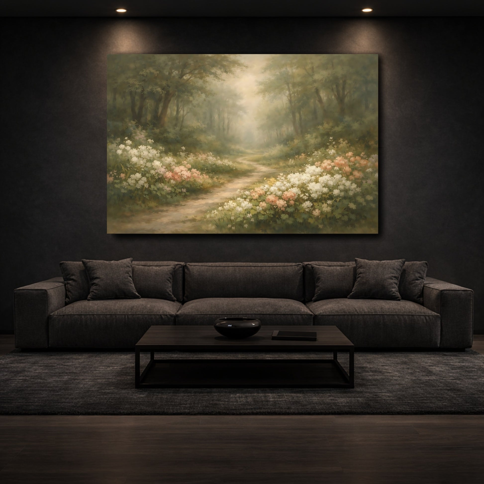 Mockup 2. Nature Forest Path Green And Pink Woodland shown as stretched canvas wall art