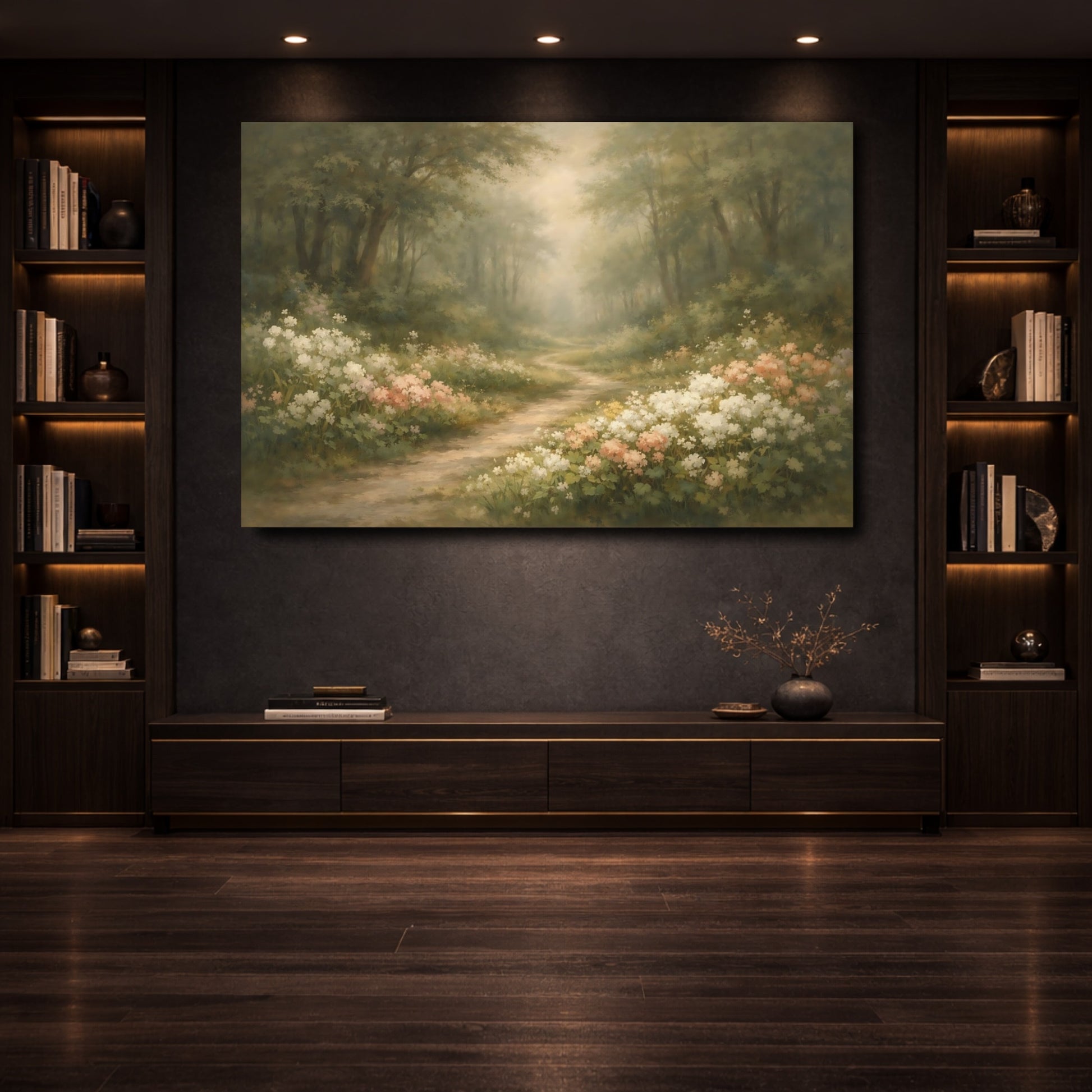 Mockup 3. Nature Forest Path Green And Pink Woodland shown as stretched canvas wall art