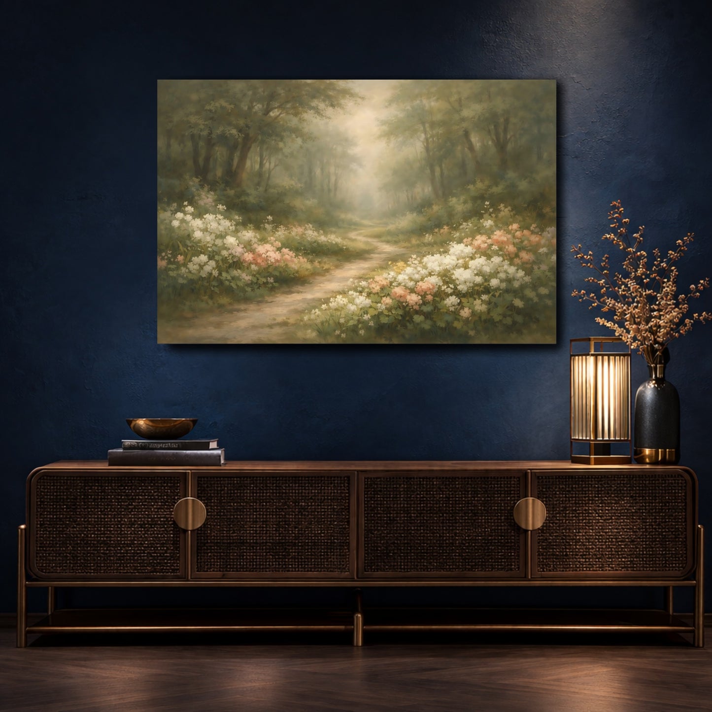 Mockup 4. Nature Forest Path Green And Pink Woodland shown as stretched canvas wall art