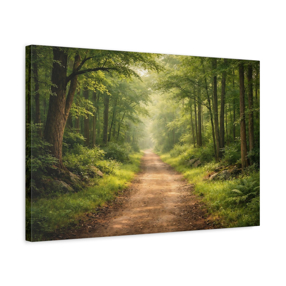 Side Mockup 3. Nature Forest Path Green Forest Path shown as stretched canvas wall art