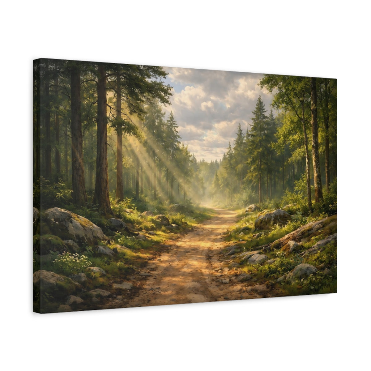 Side Mockup 3. Nature Forest Path Forest Path Green shown as stretched canvas wall art