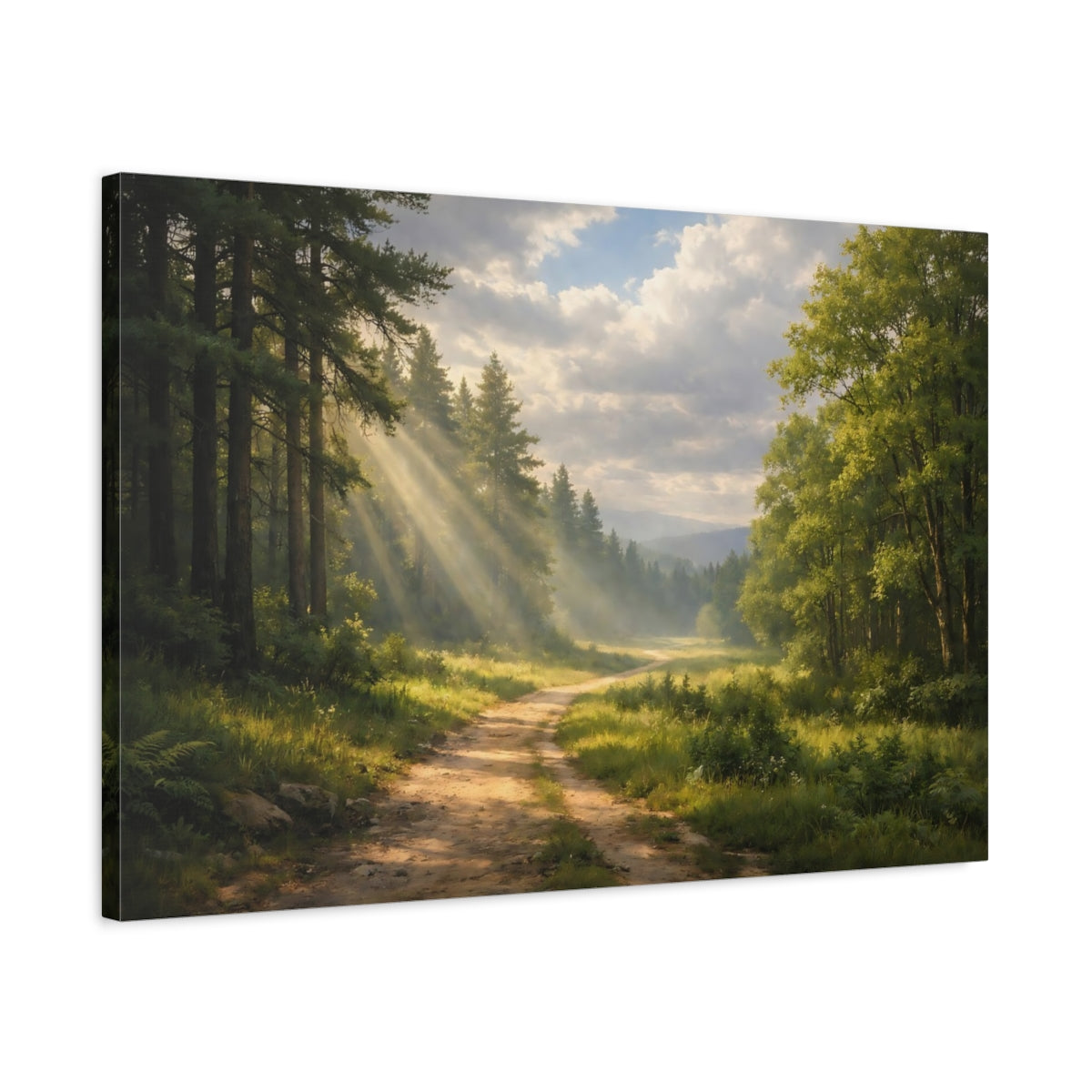 Side Mockup 2. Nature Forest Path Green Forest Path shown as stretched canvas wall art