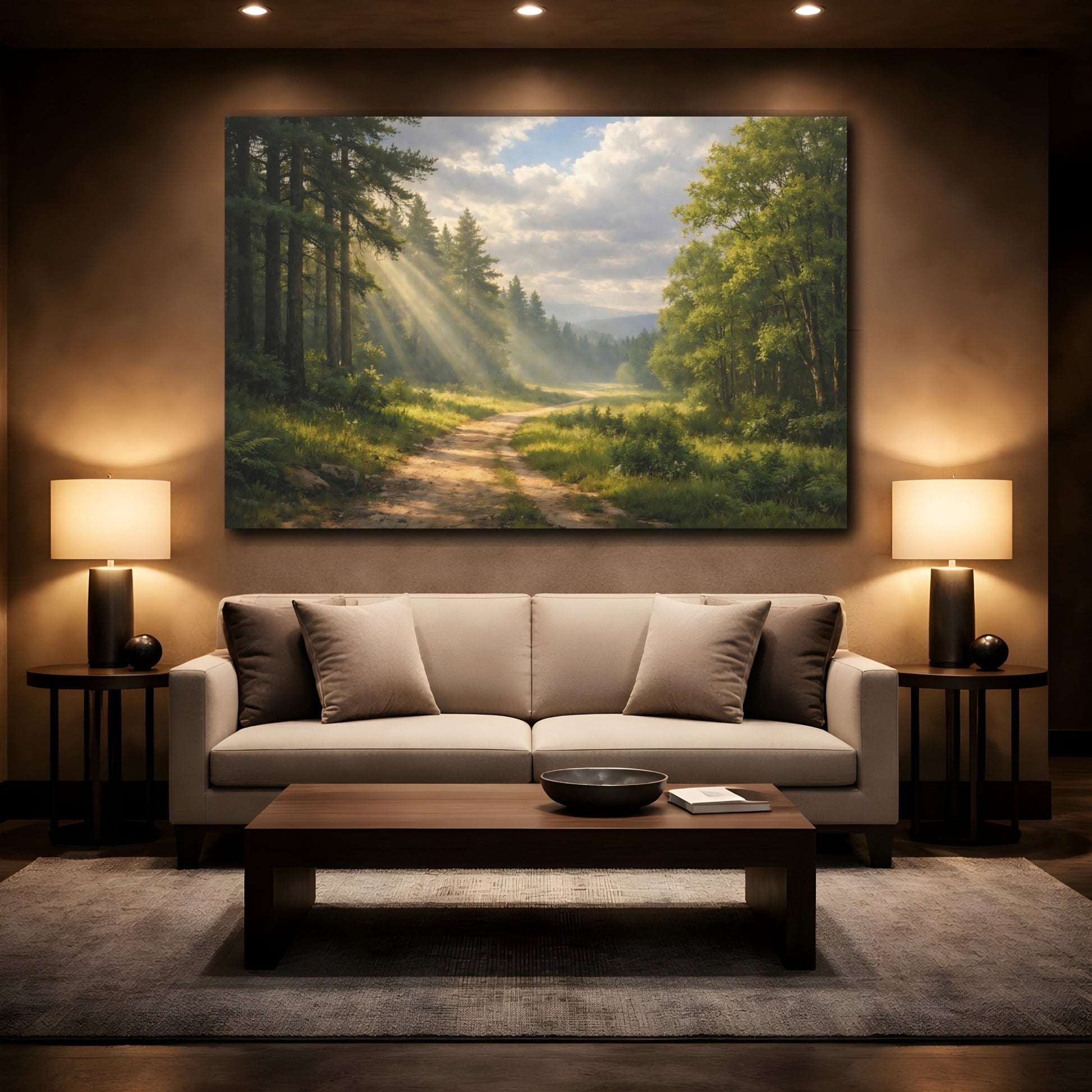 Mockup 2. Nature Forest Path Green Forest Path shown as stretched canvas wall art