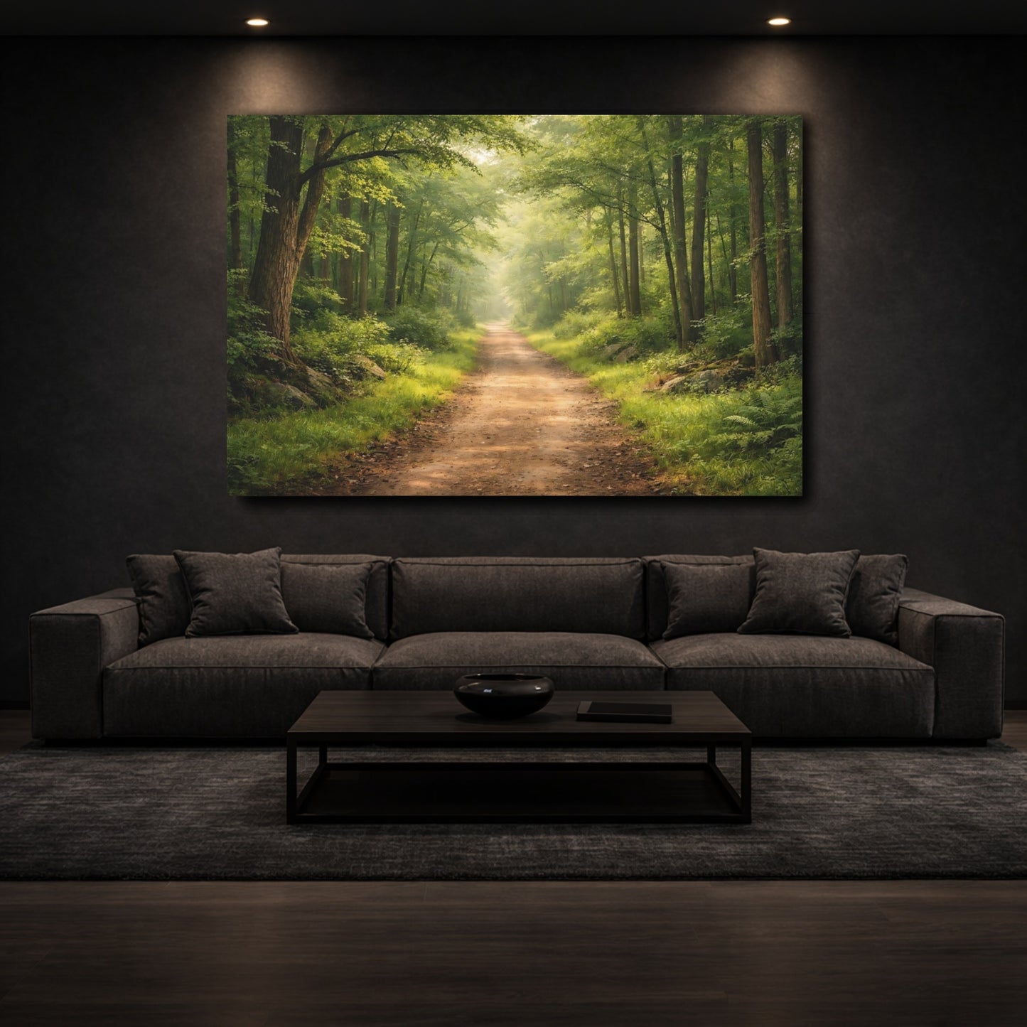 Mockup 2. Nature Forest Path Green Forest Path shown as stretched canvas wall art