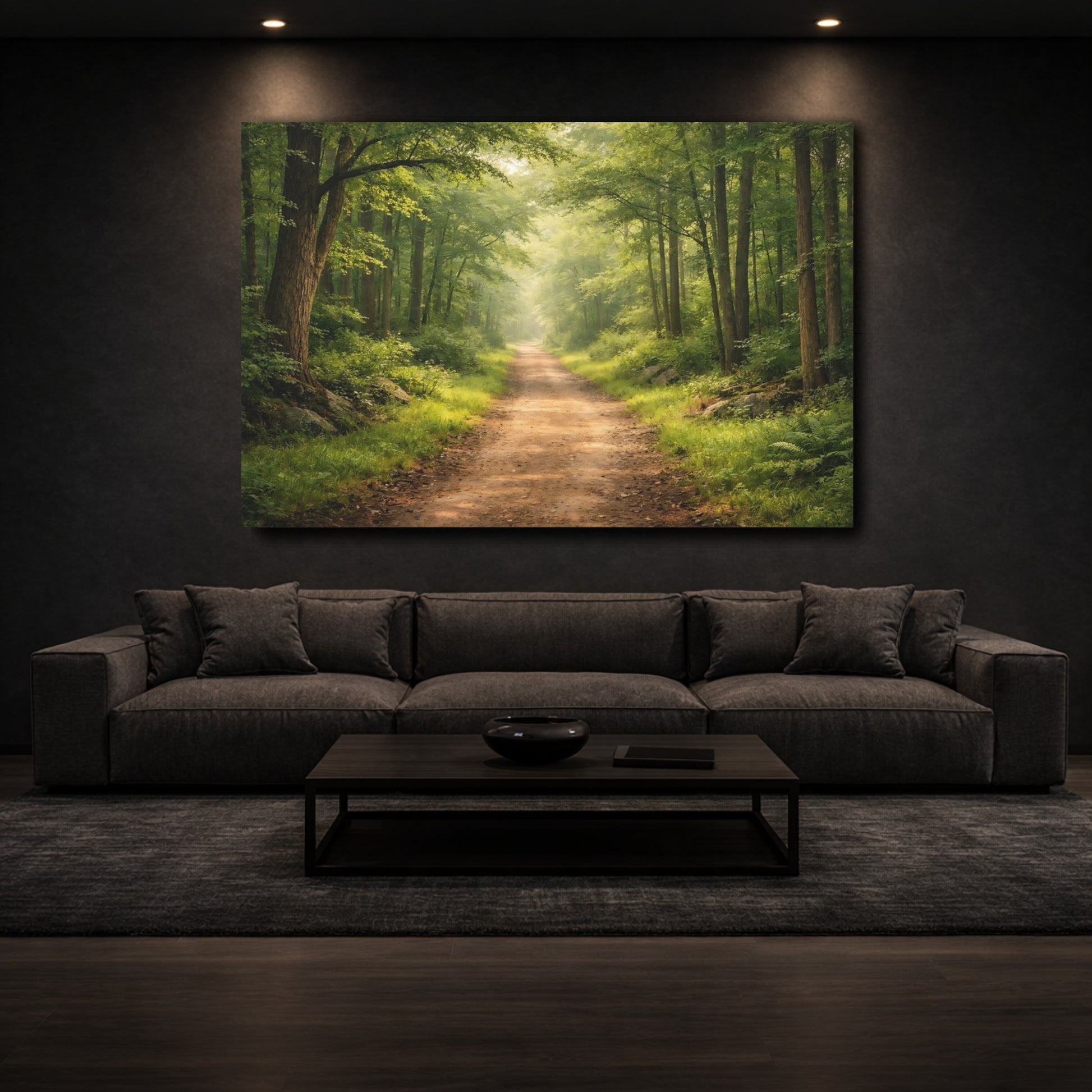 Mockup 2. Nature Forest Path Green Forest Path shown as stretched canvas wall art