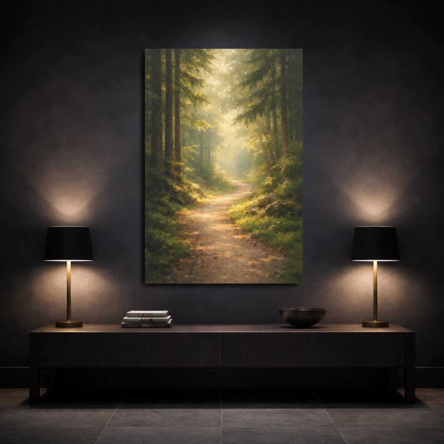 Mockup 2. Nature Forest Path Green Forest Path shown as stretched canvas wall art