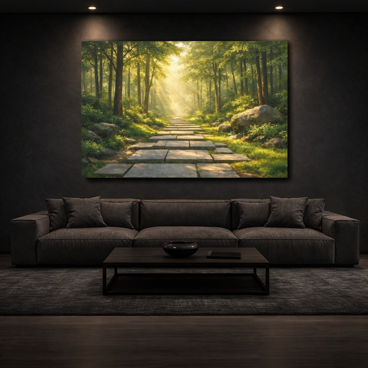 Mockup 2. Nature Forest Path Green Forest Path shown as stretched canvas wall art