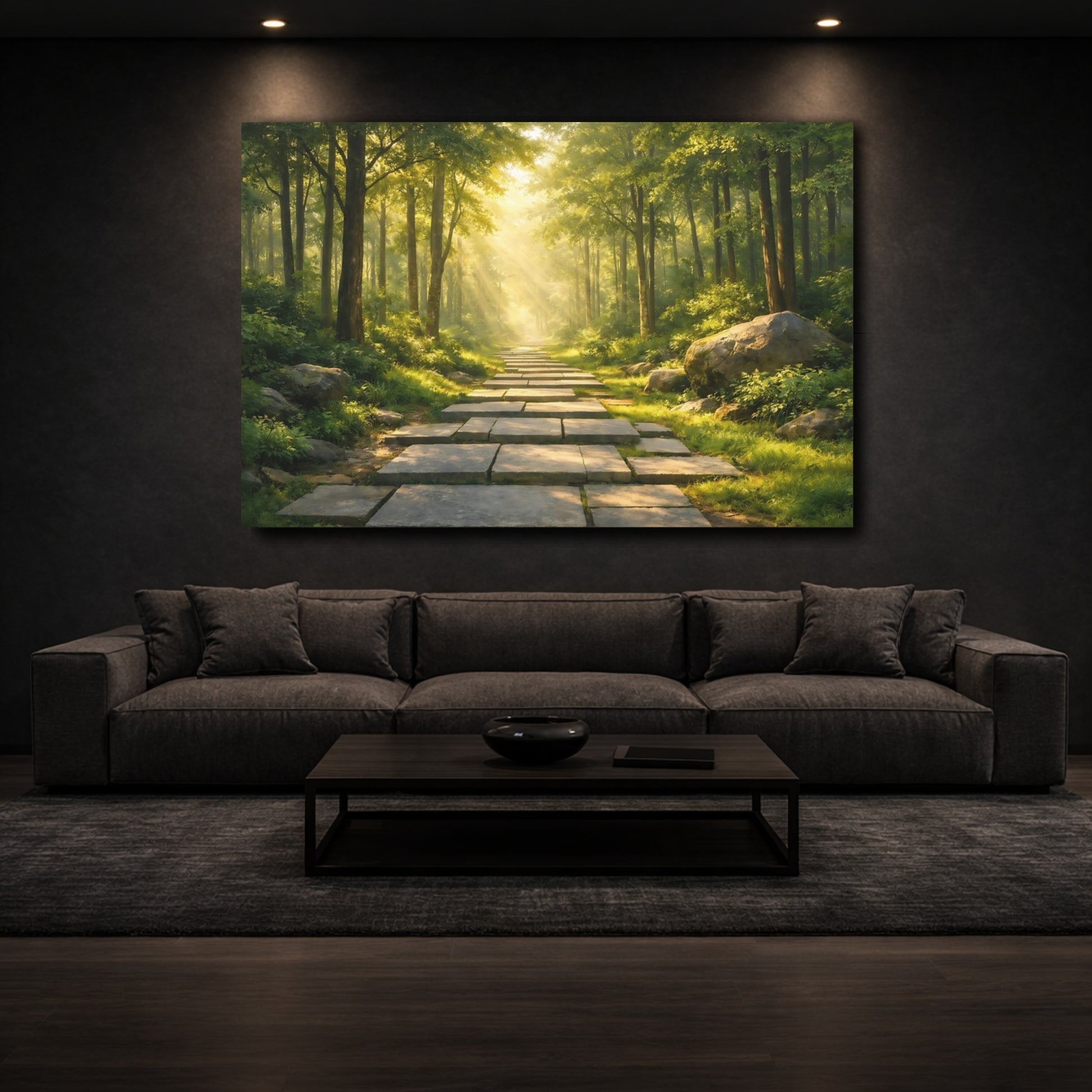 Mockup 2. Nature Forest Path Green Forest Path shown as stretched canvas wall art