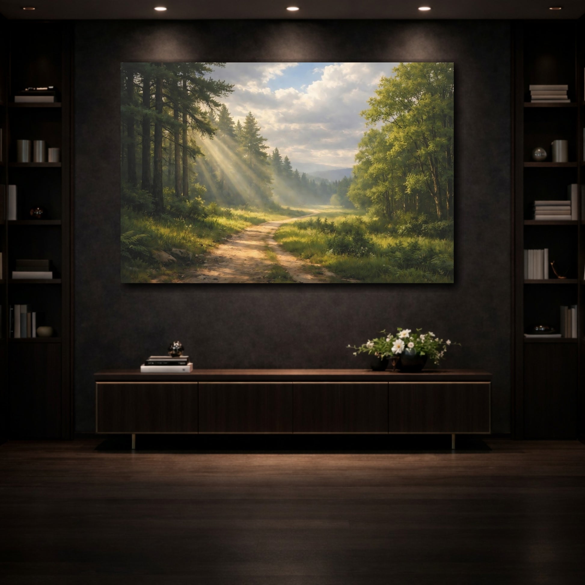 Mockup 3. Nature Forest Path Green Forest Path shown as stretched canvas wall art