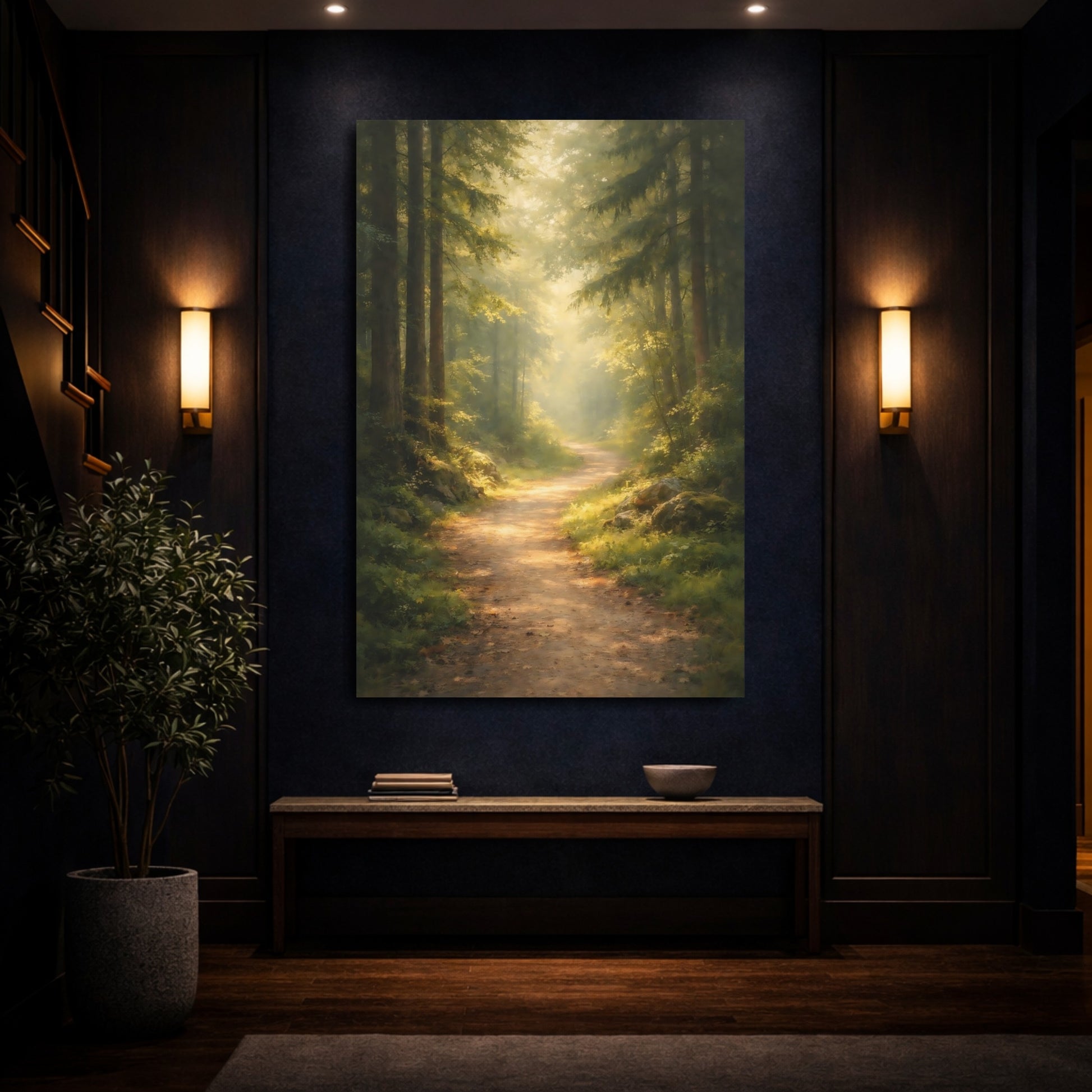 Mockup 3. Nature Forest Path Green Forest Path shown as stretched canvas wall art